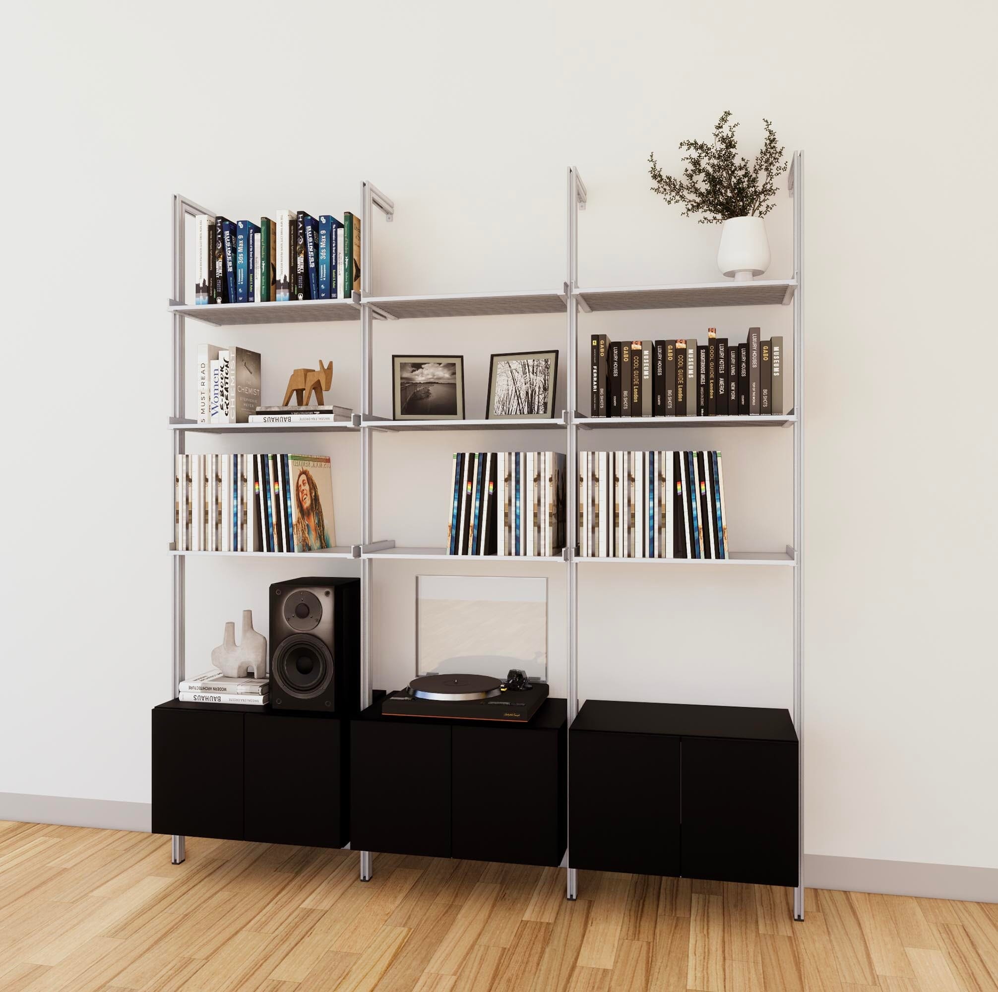 LP Vinyl Media Storage System - Aluminum + Wood Cabinets