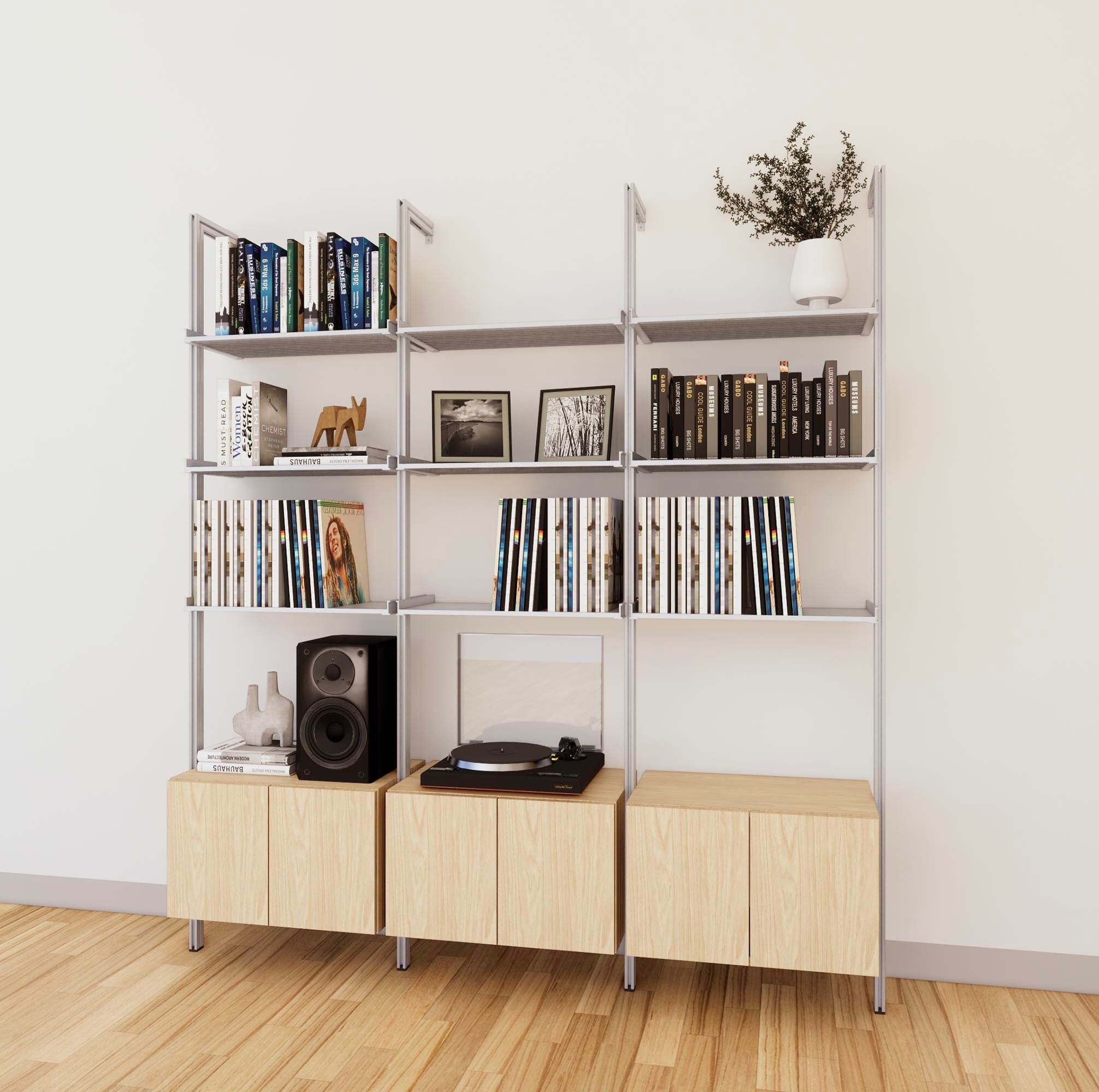 LP Vinyl Media Storage System - Aluminum + Wood Cabinets