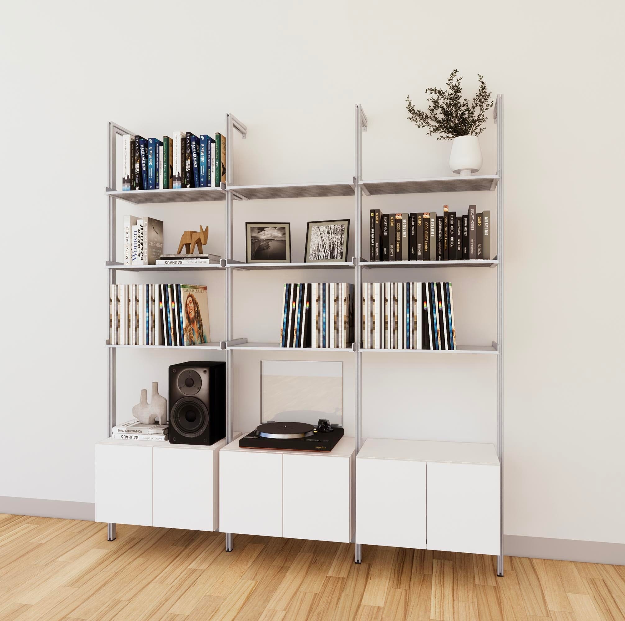 LP Vinyl Media Storage System - Aluminum + Wood Cabinets