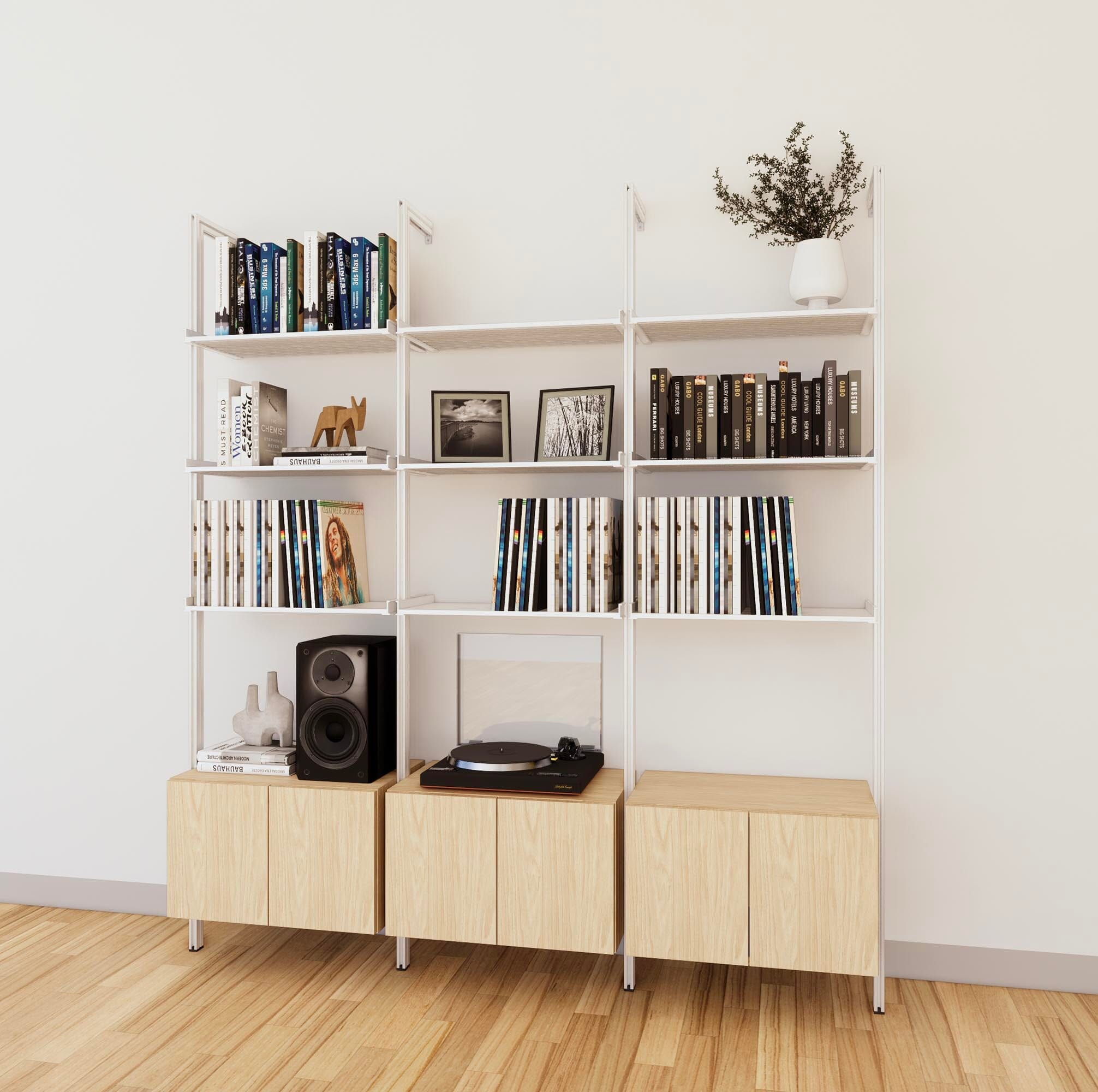 LP Vinyl Media Storage System - Aluminum + Wood Cabinets