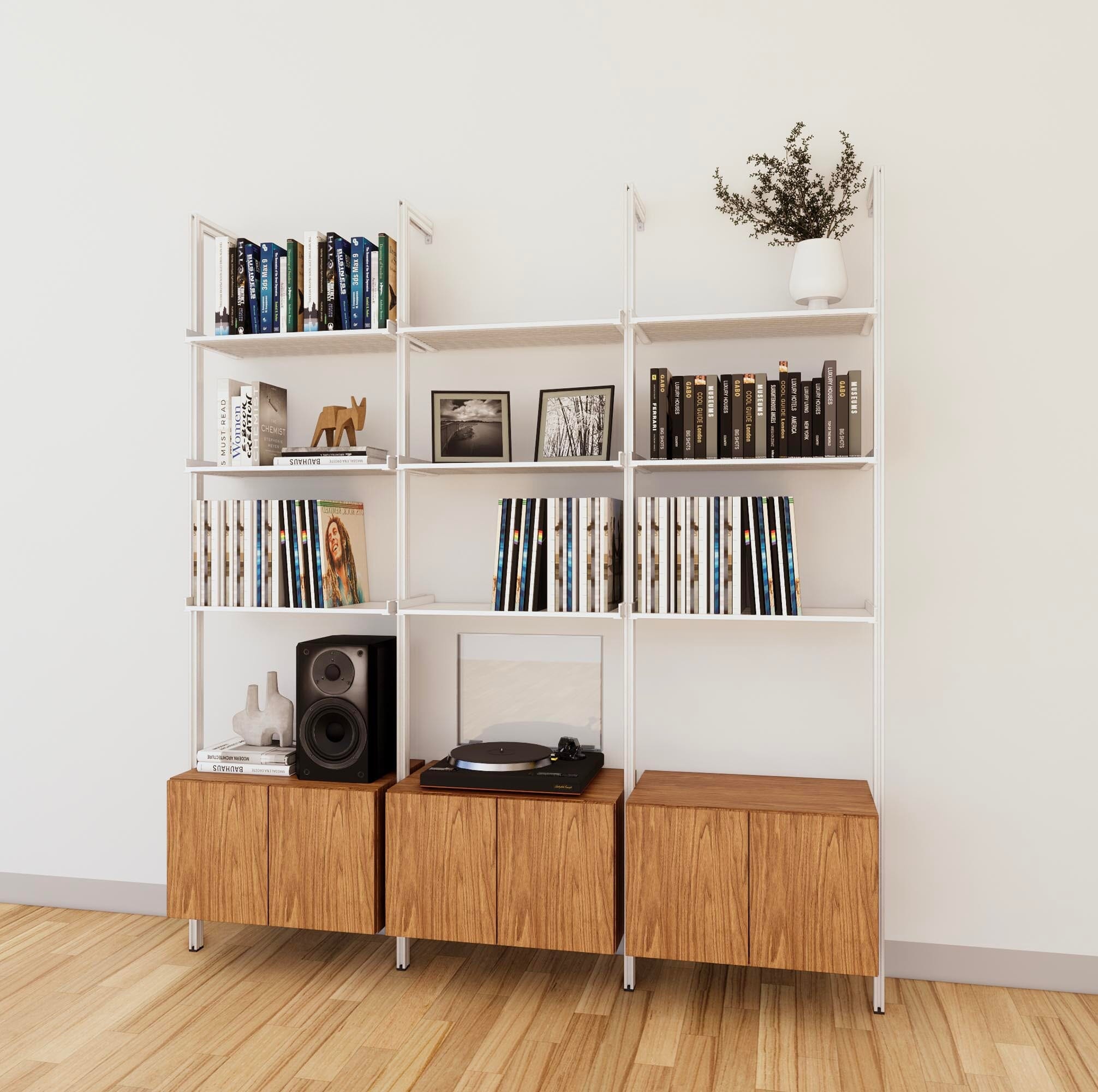 LP Vinyl Media Storage System - Aluminum + Wood Cabinets