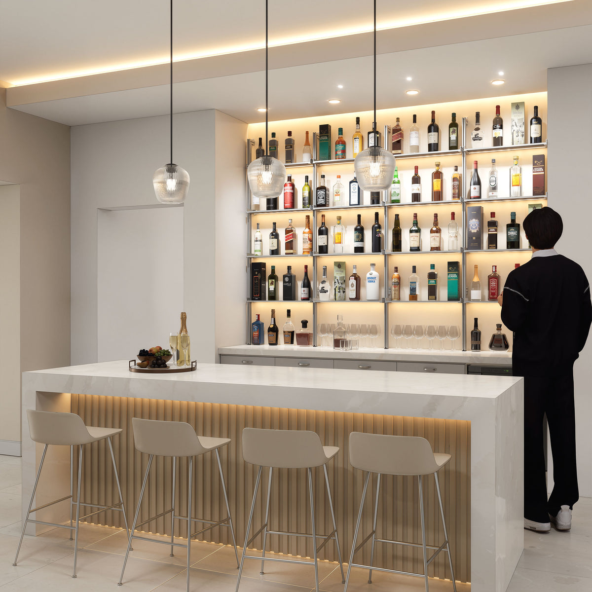 Bottle display shelving unit with satin shelves and satin vertical posts, four bays, shown with open shelf levels.