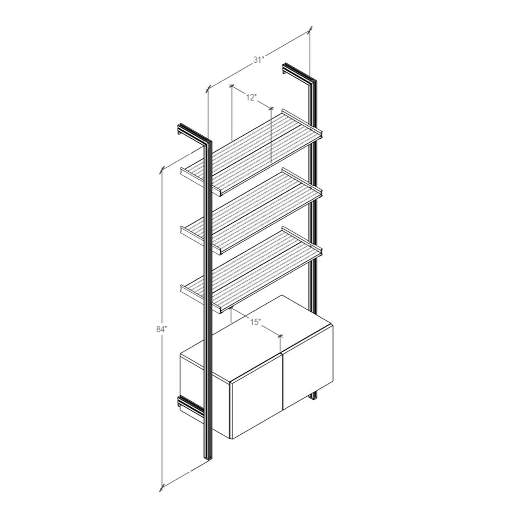 Modular Shelving Units - Aluminum Shelves + Wood Cabinets