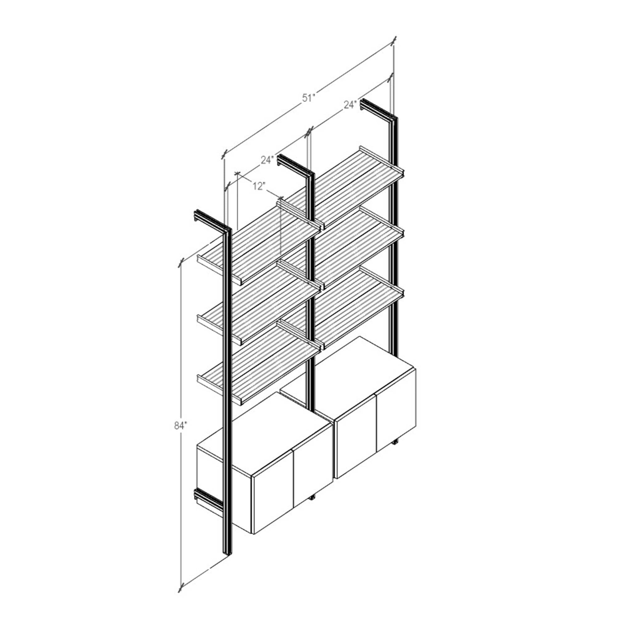 Modular Shelving Units - Aluminum Shelves + Wood Cabinets