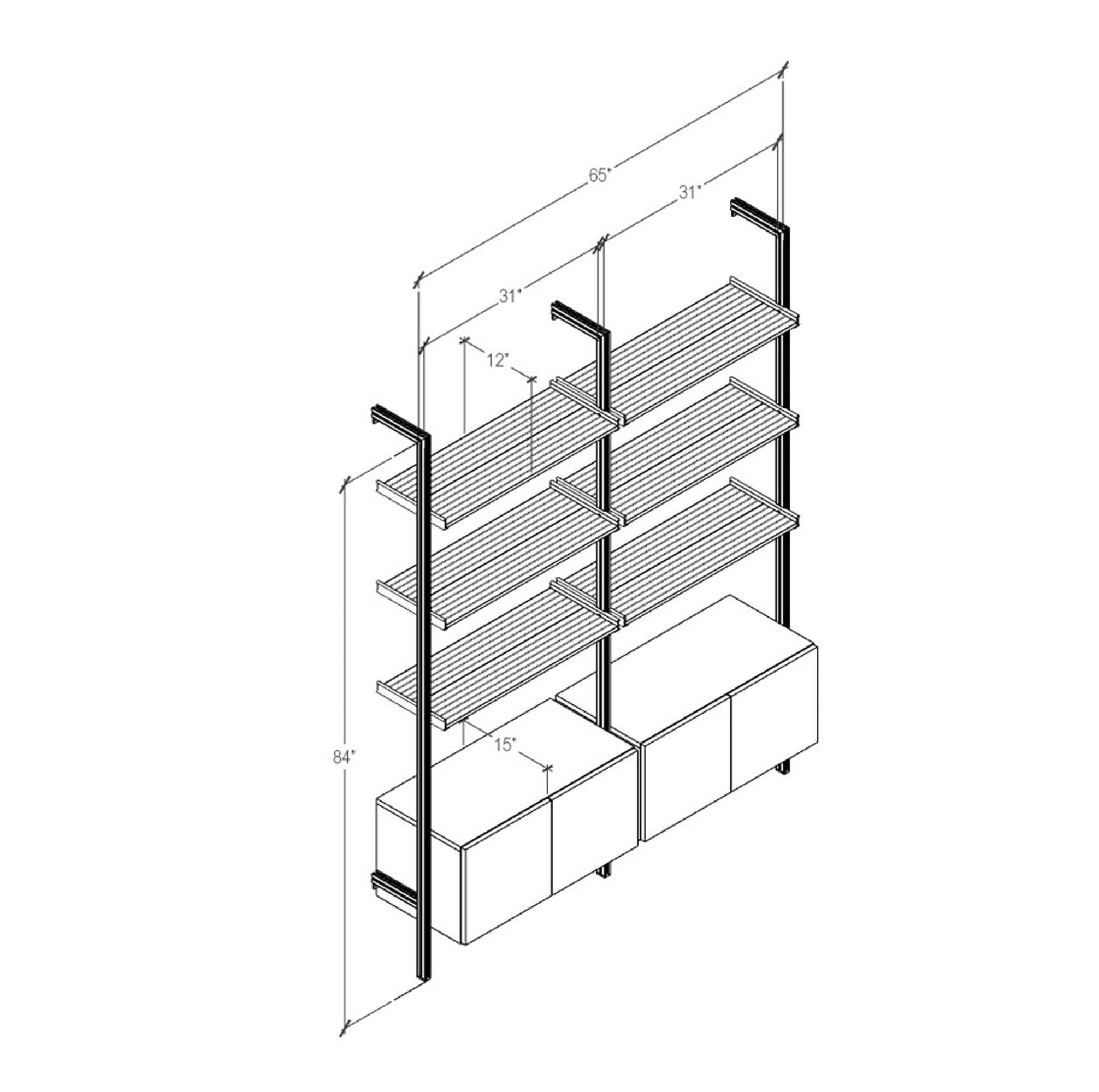 Modular Shelving Units - Aluminum Shelves + Wood Cabinets