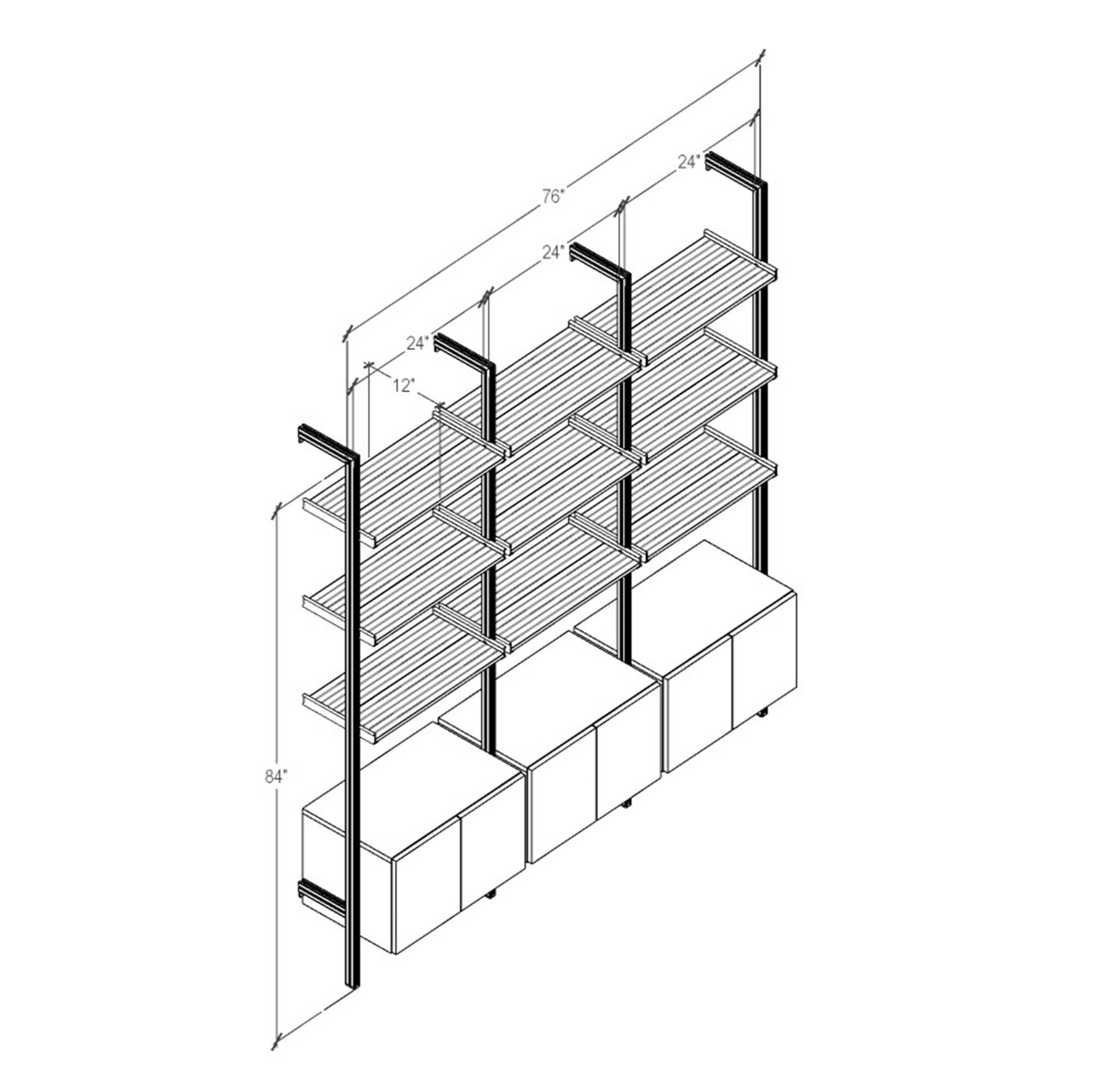 Modular Shelving Units - Aluminum Shelves + Wood Cabinets