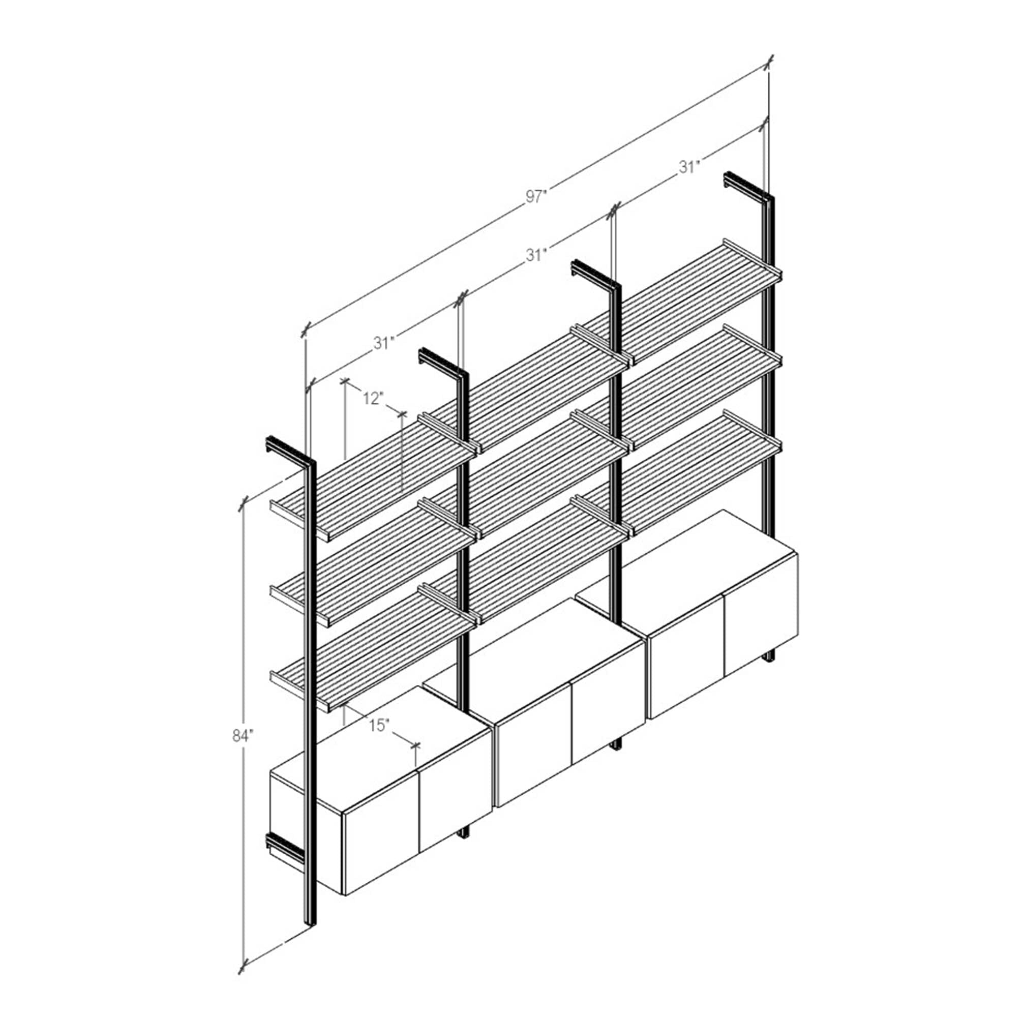 Modular Shelving Units - Aluminum Shelves + Wood Cabinets