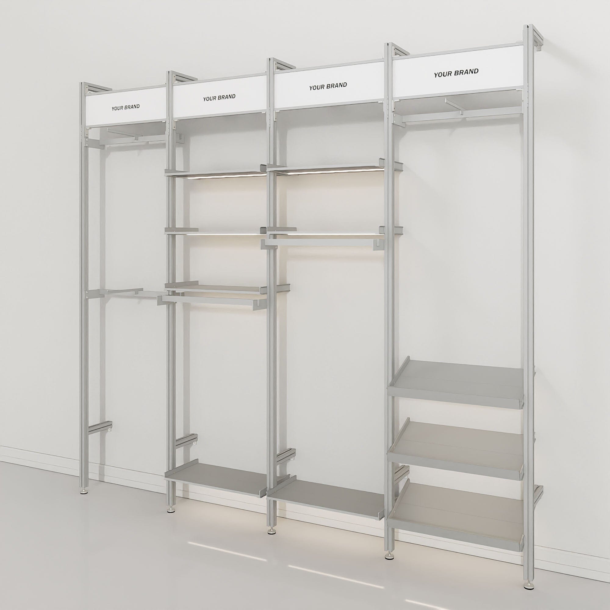 Retail Display Shelving with Signage + 4 Bays and Multiple