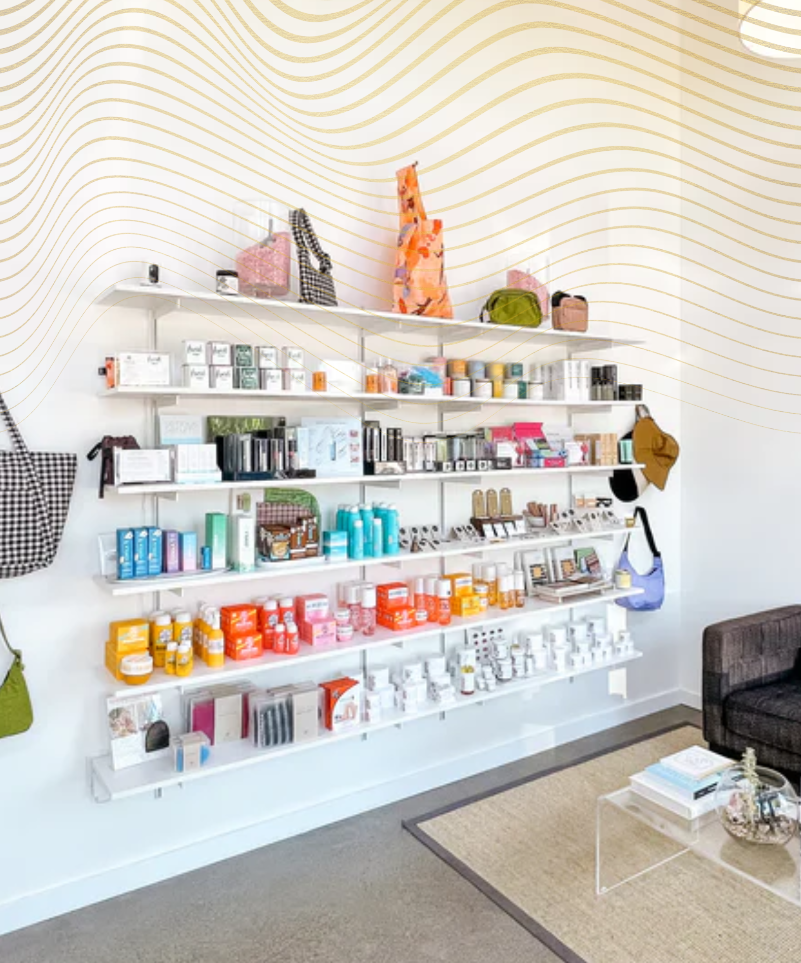 Modern shelving displaying products in a retail environment.