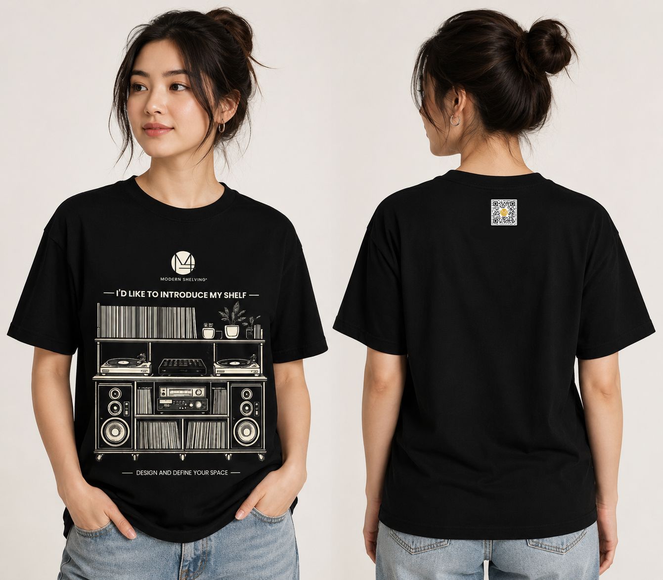 Black Modern Shelving graphic T-shirt with I'd like to introduce my shelf Tee design, shown in product image.