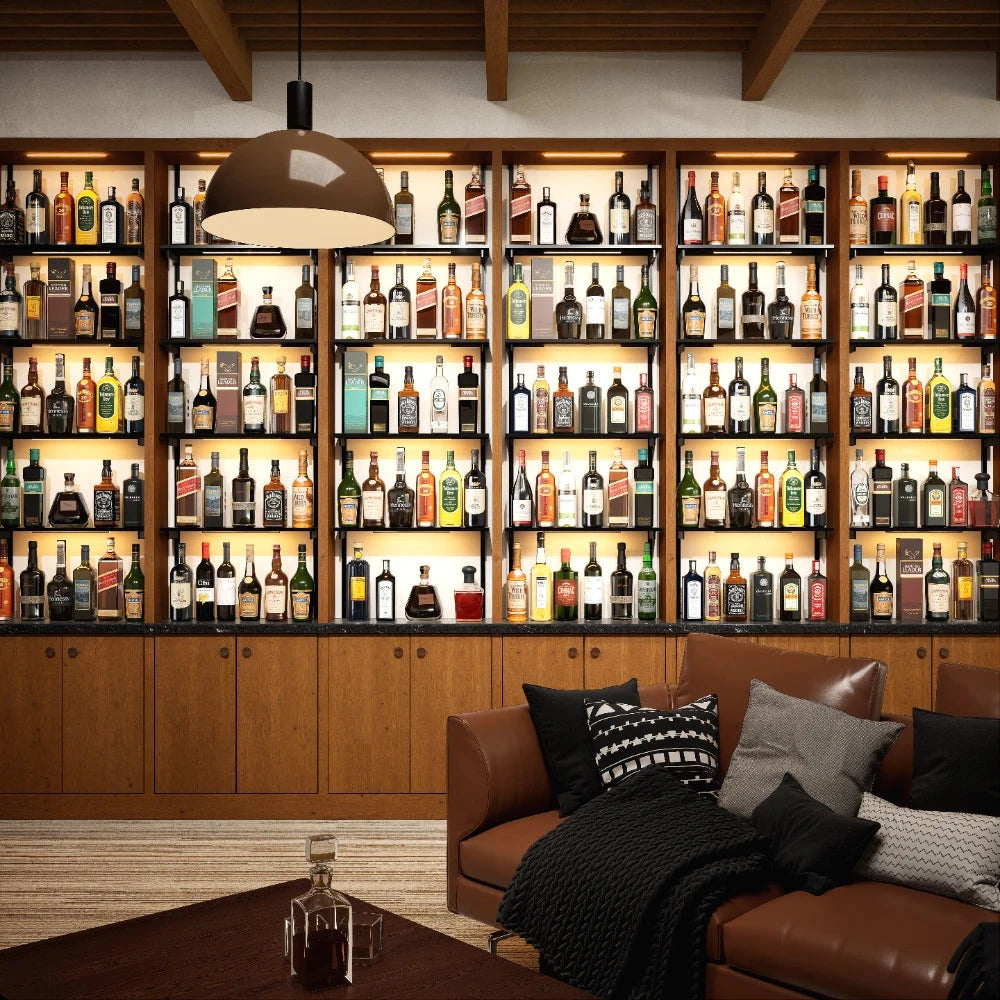 Bottle display shelving unit with black shelves, black vertical posts, and one bay.