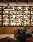 Bottle display shelving unit with black shelves, black vertical posts, and one bay.
