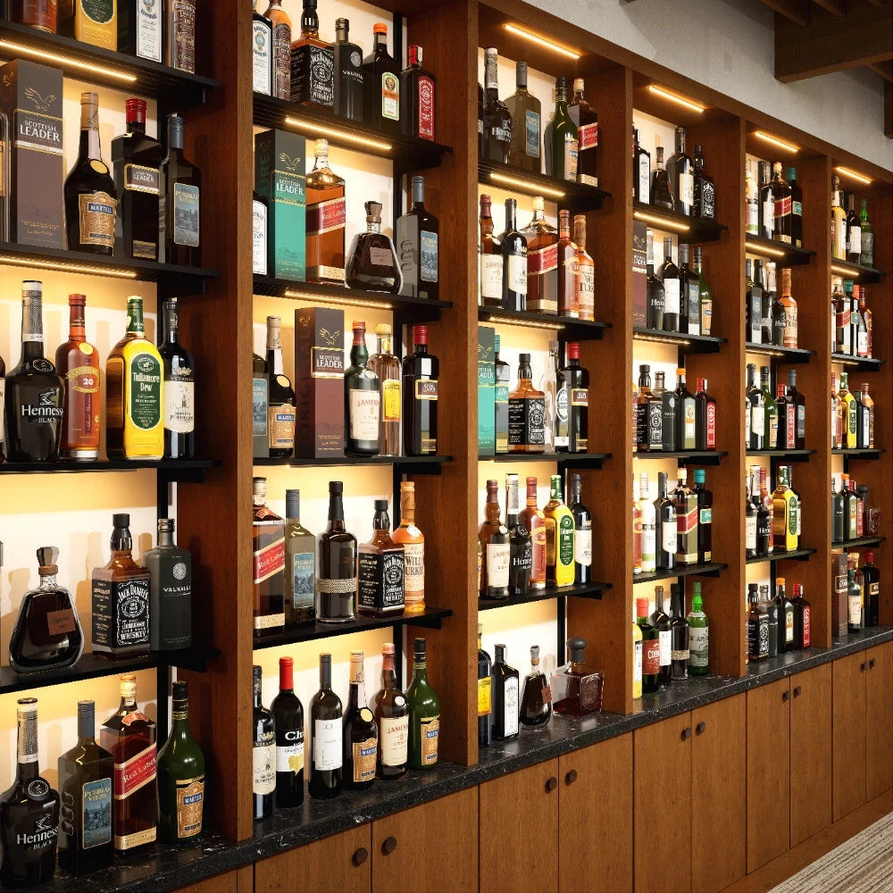 Bottle display shelving unit with black shelves, black vertical posts, and one bay.