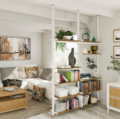 Aluminaire Wood Inspired Floor to Ceiling Shelving Room Divider