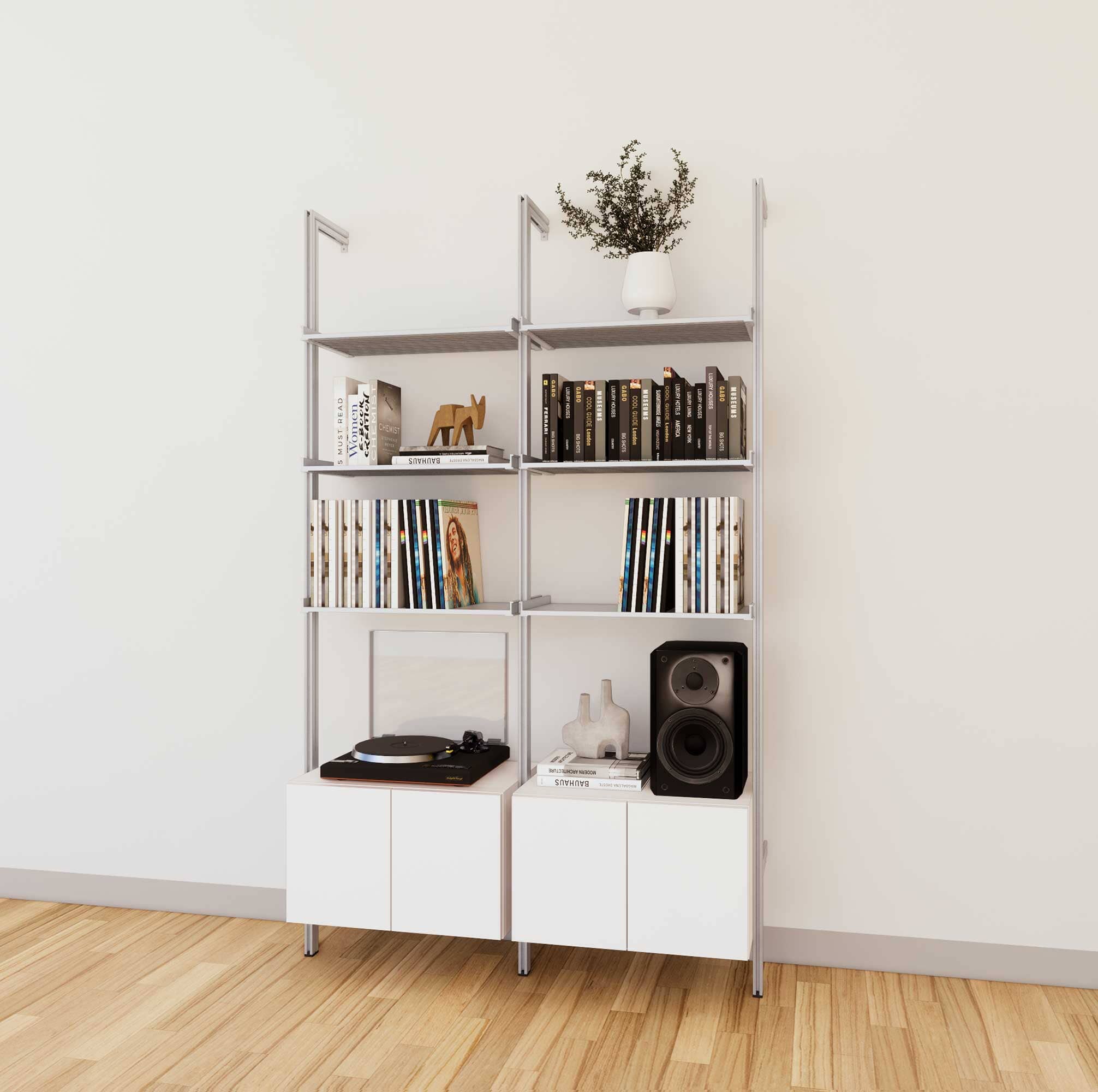 LP Vinyl Media Storage System - Aluminum + Wood Cabinets