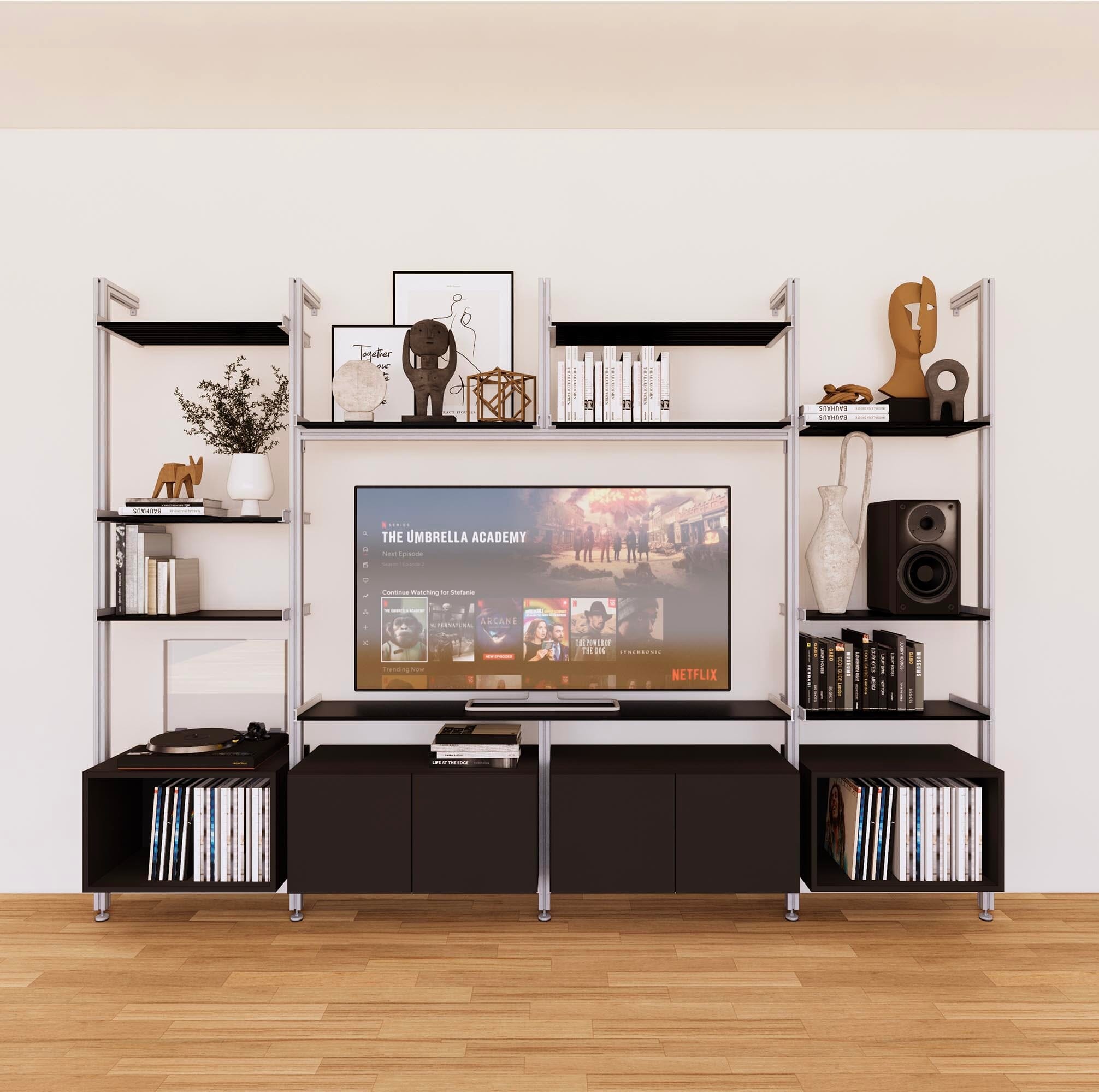 Harmony 4 Bay Media Unit - Aluminum Shelves + Wood Cabinets