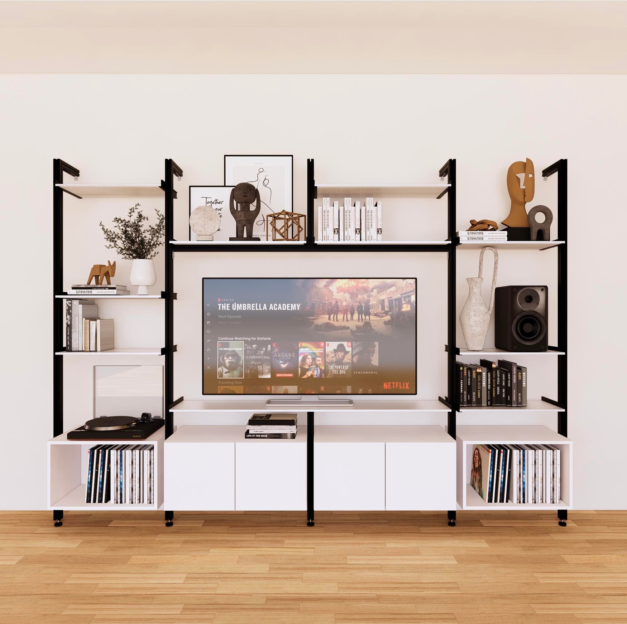 Harmony 4 Bay Media Unit - Aluminum Shelves + Wood Cabinets