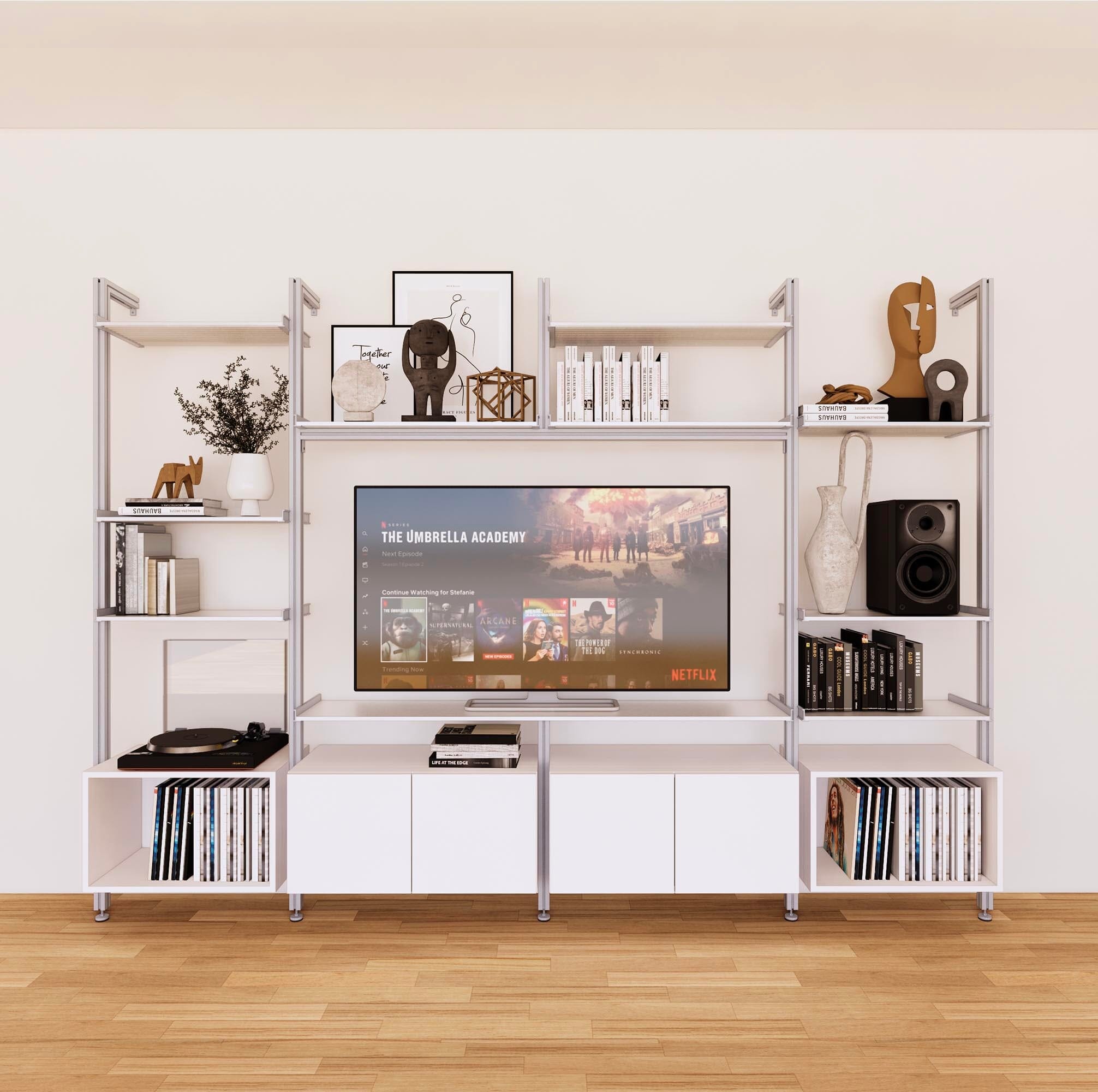 Harmony 4 Bay Media Unit - Aluminum Shelves + Wood Cabinets