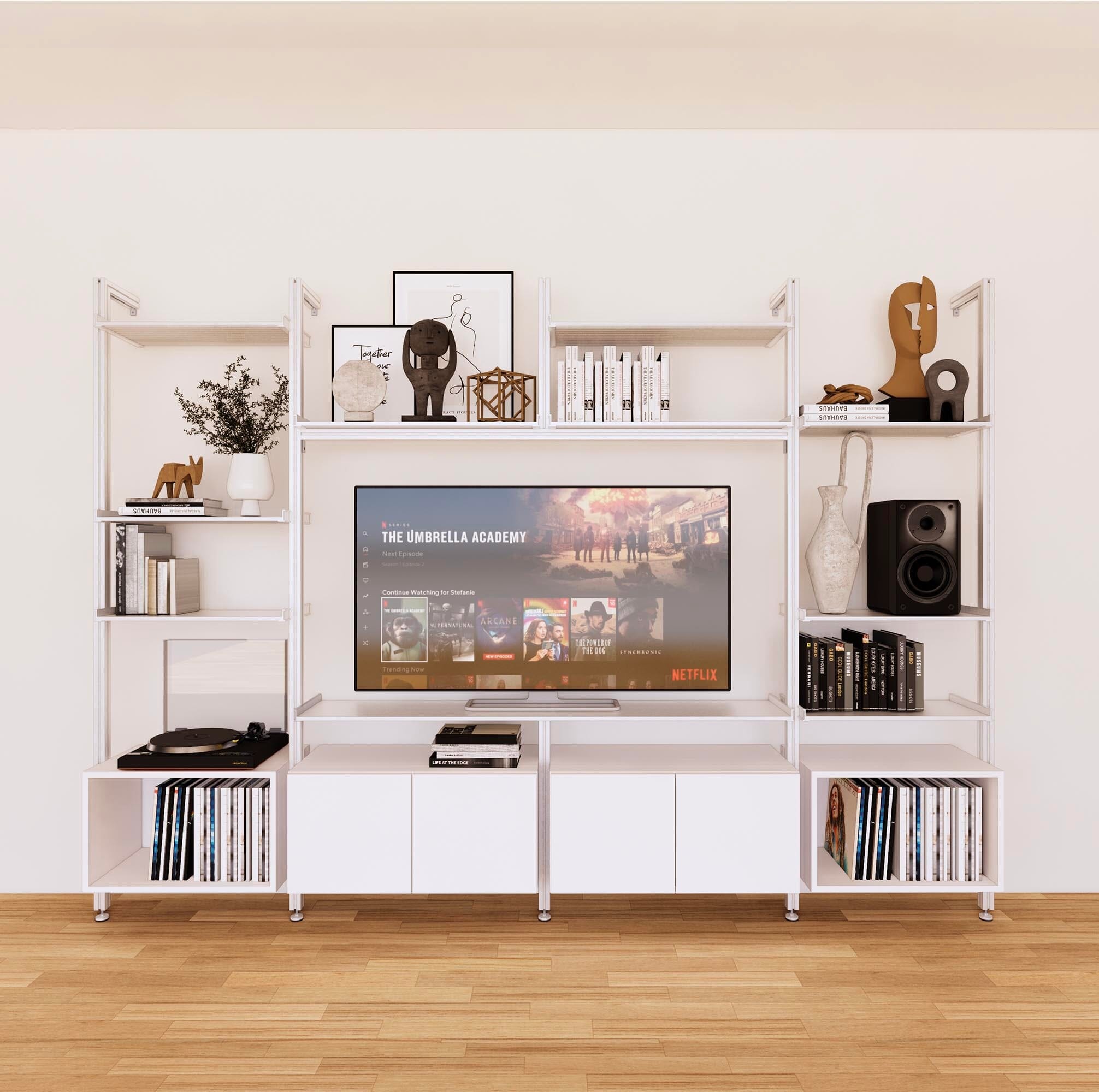 Harmony 4 Bay Media Unit - Aluminum Shelves + Wood Cabinets