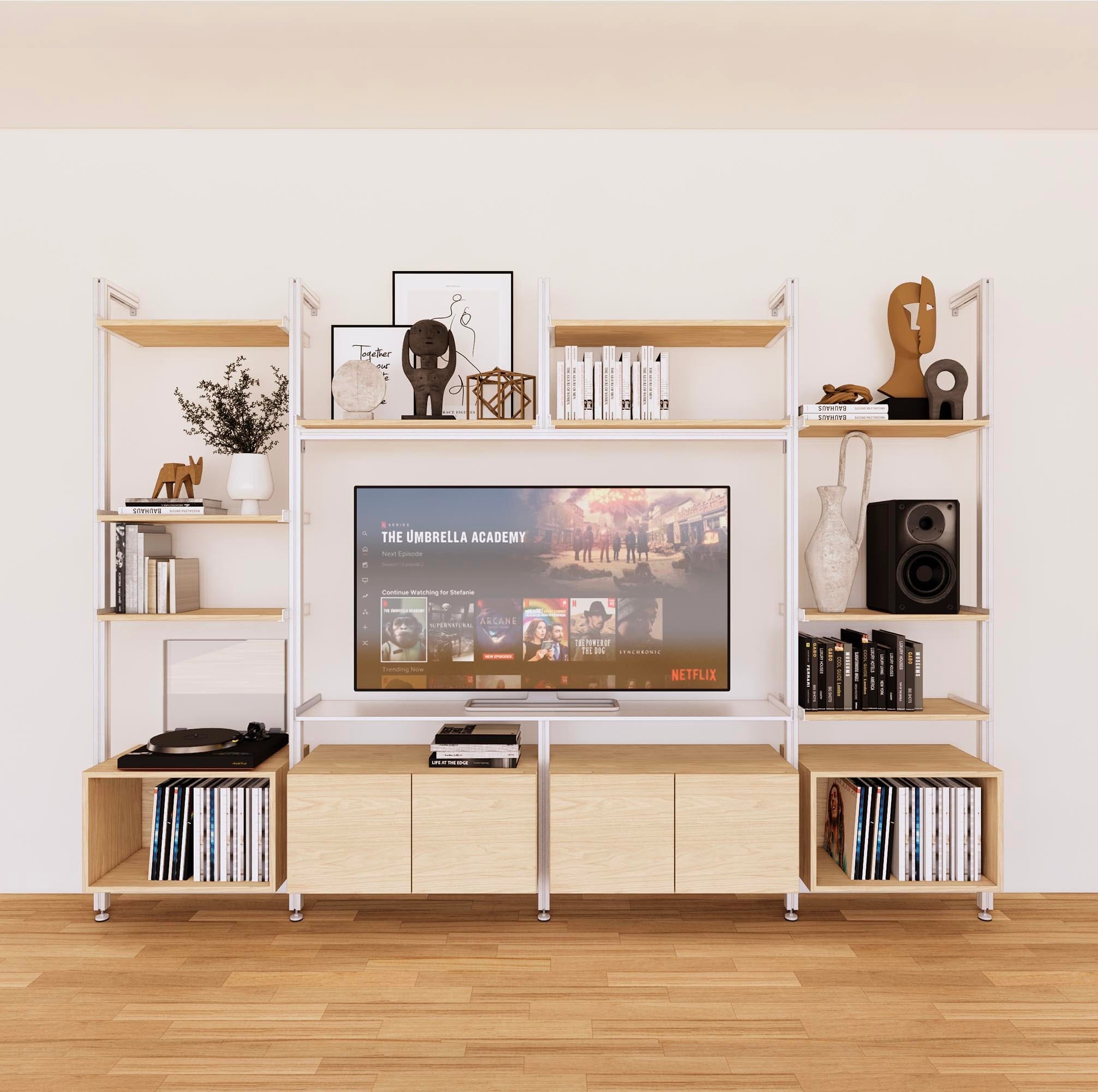 Harmony 4 Bay Media Unit - Aluminum Shelves + Wood Cabinets