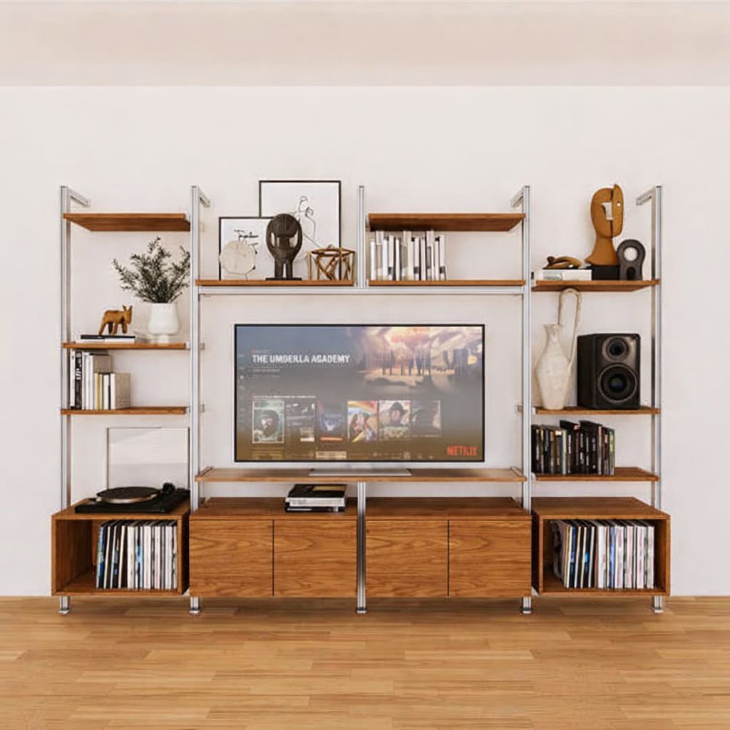 Harmony 4 Bay Media Unit - Aluminum + Wood Shelves and Cabinets