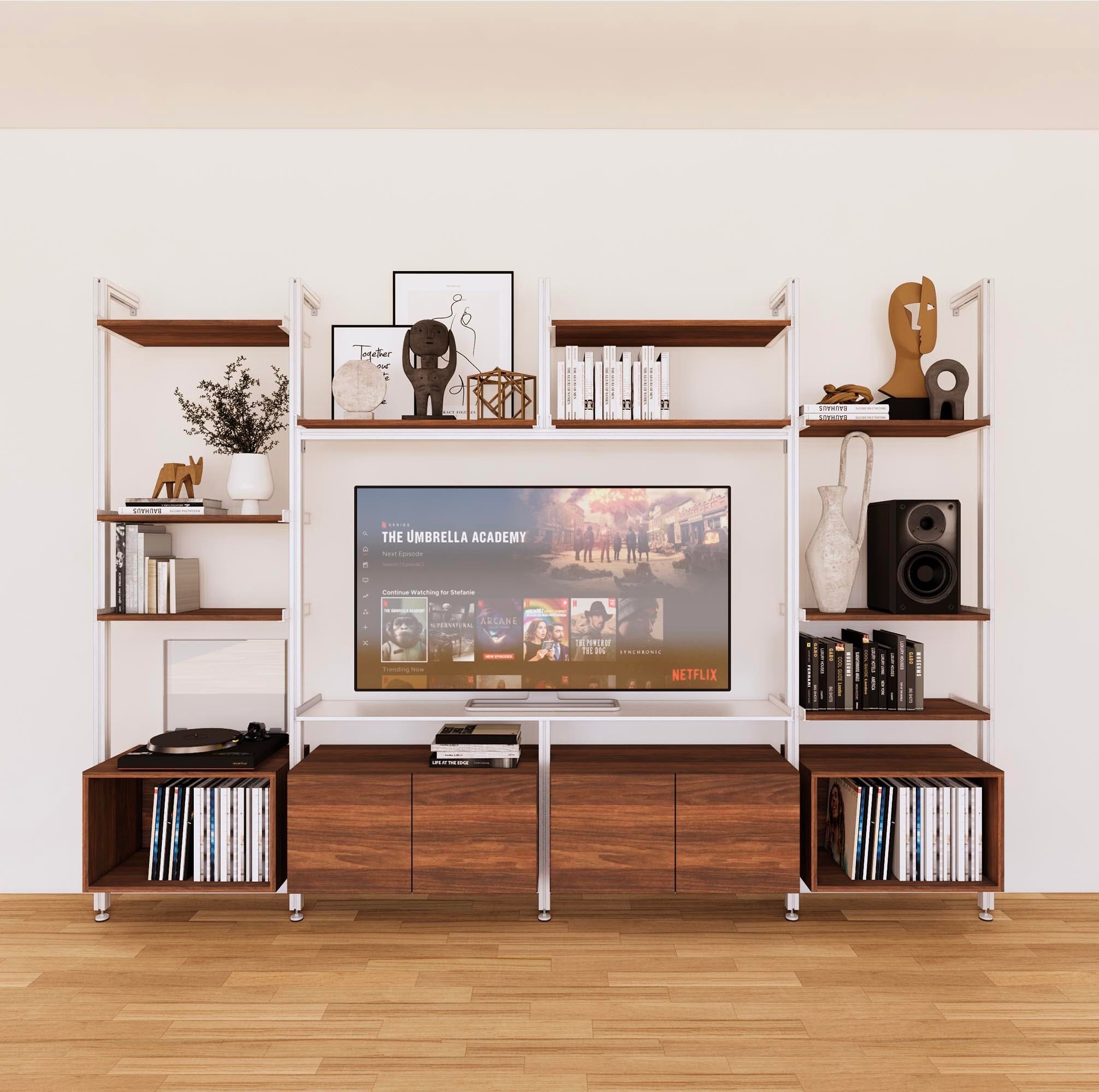 Harmony 4 Bay Media Unit - Aluminum Shelves + Wood Cabinets