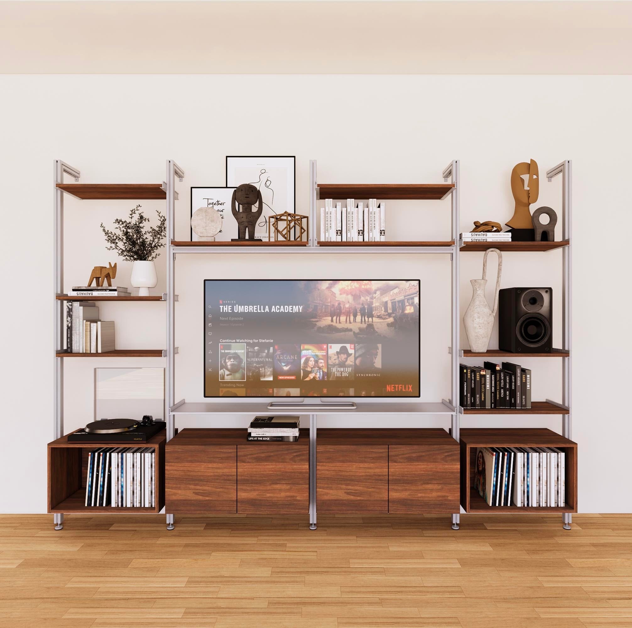 Harmony 4 Bay Media Unit - Aluminum Shelves + Wood Cabinets