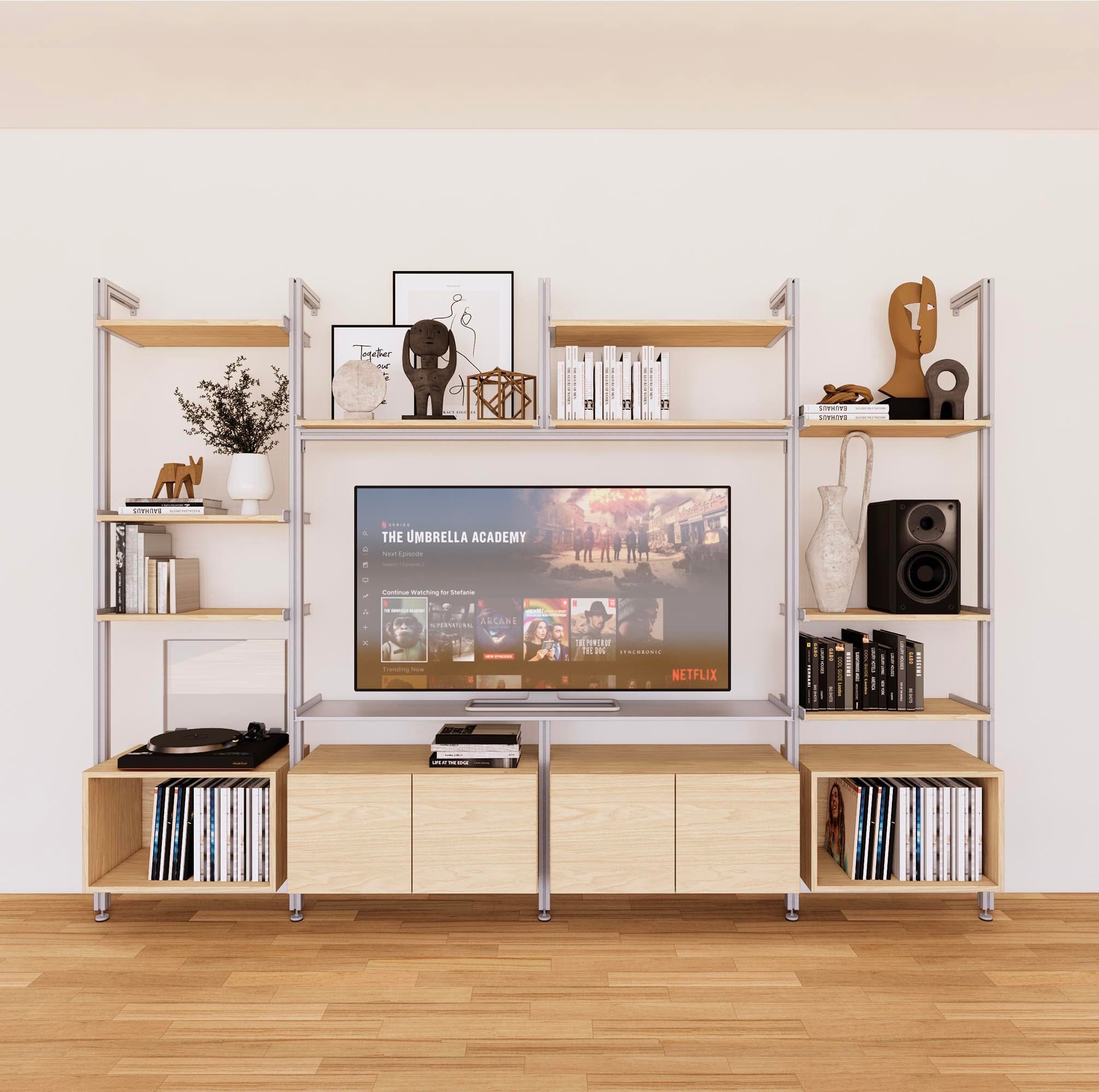 Harmony 4 Bay Media Unit - Aluminum Shelves + Wood Cabinets