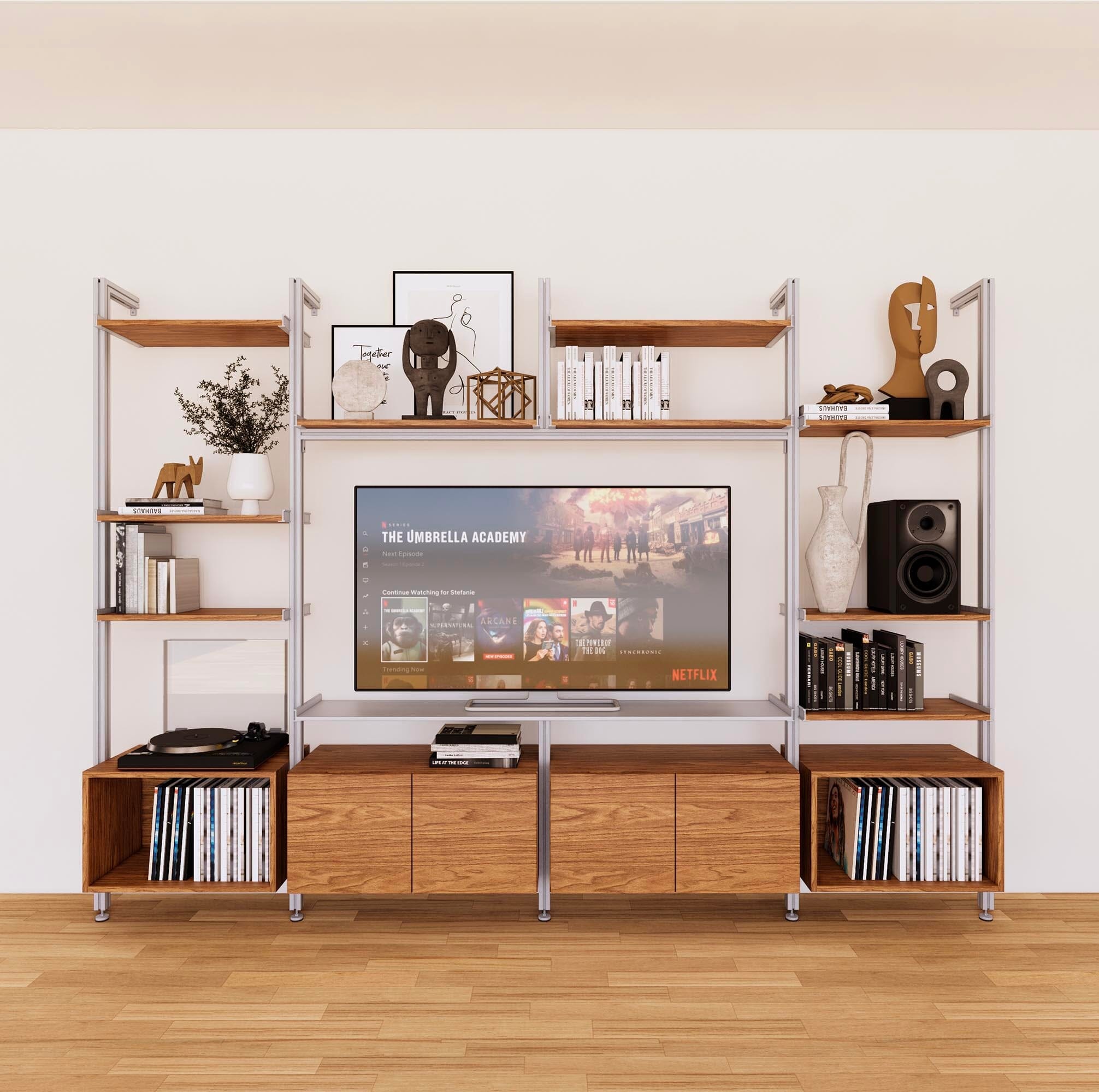 Harmony 4 Bay Media Unit - Aluminum Shelves + Wood Cabinets