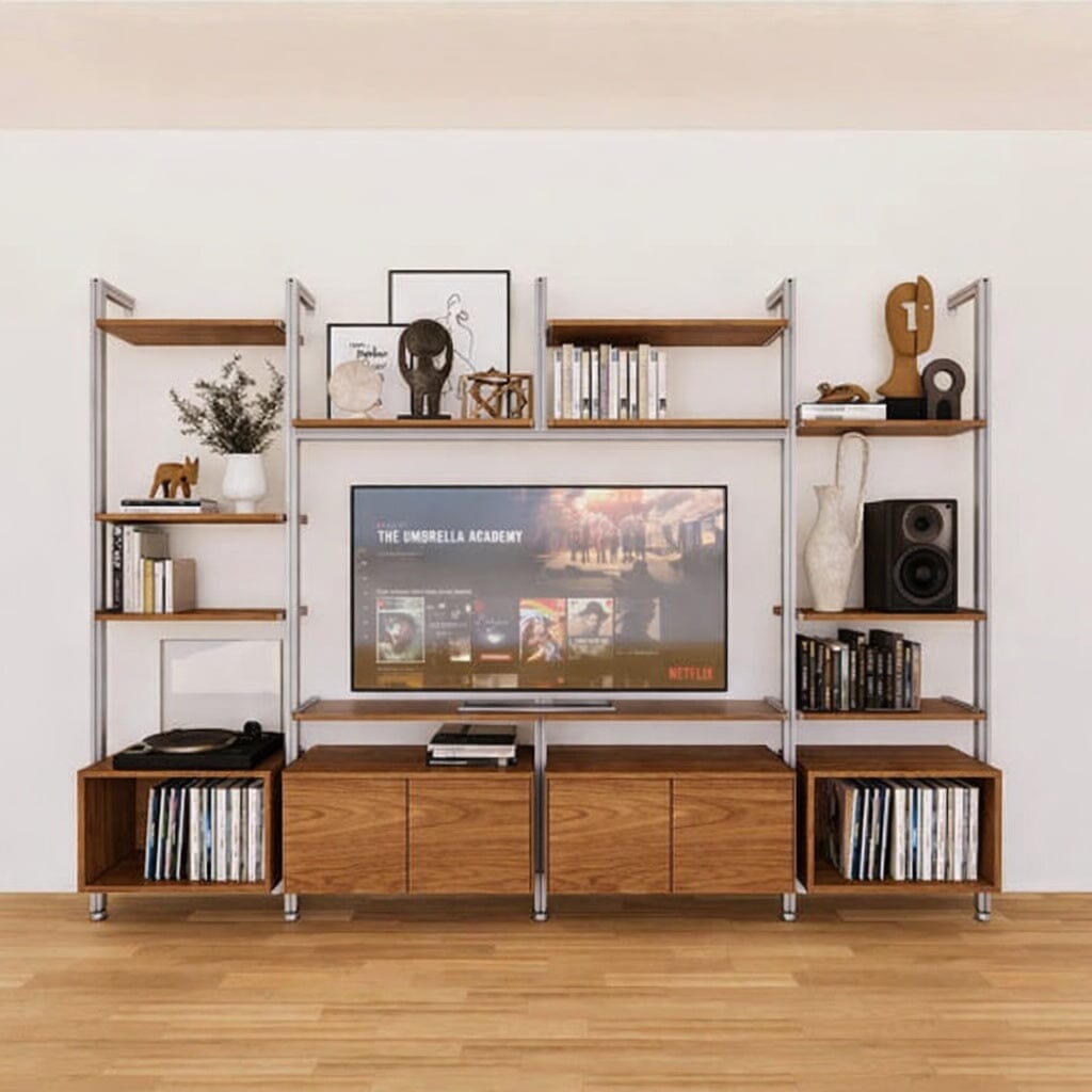 Harmony 4 Bay Media Unit - Aluminum + Wood Shelves and Cabinets