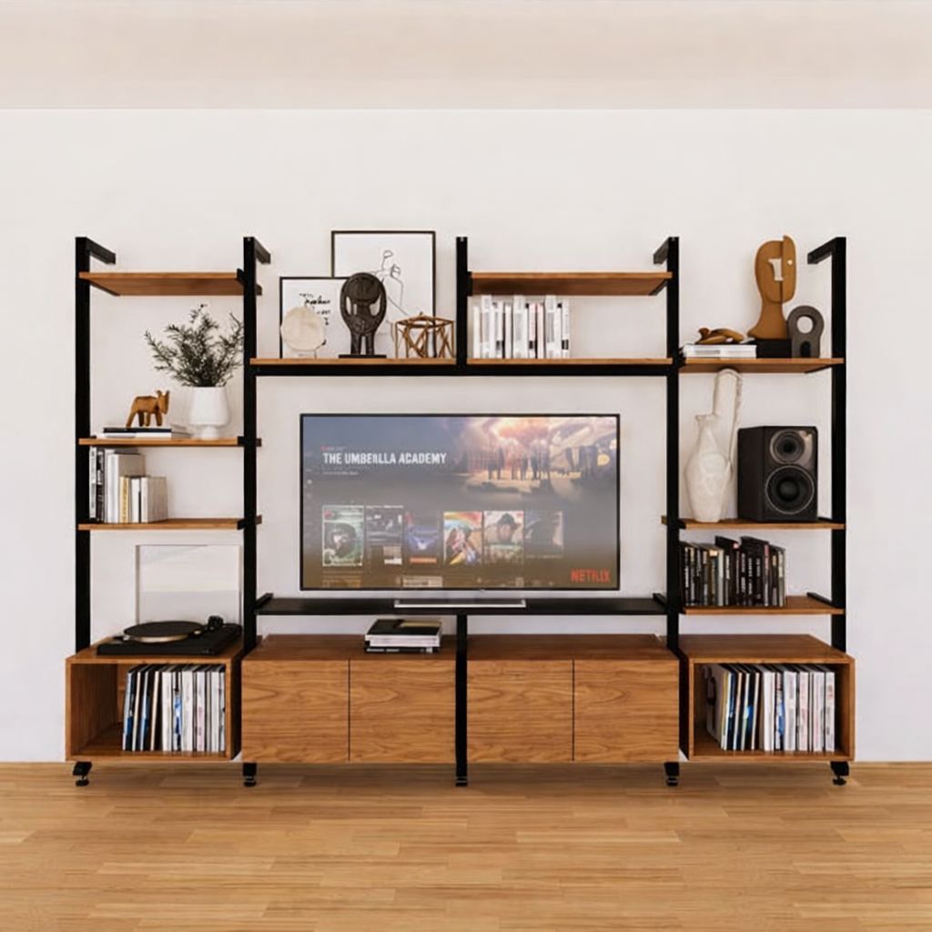 Harmony 4 Bay Media Unit - Aluminum + Wood Shelves and Cabinets
