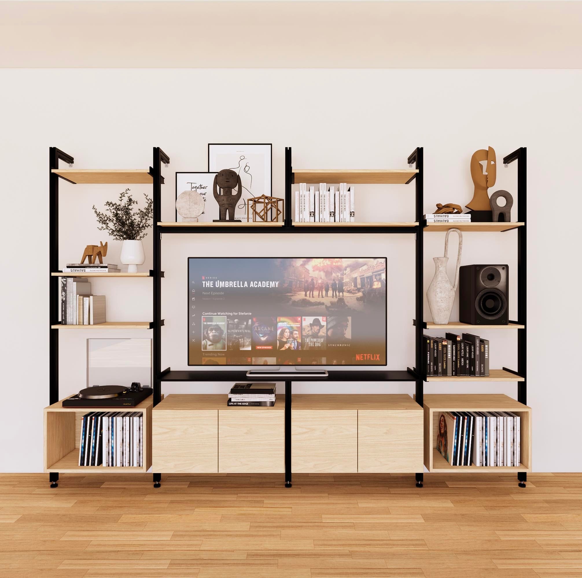 Harmony 4 Bay Media Unit - Aluminum Shelves + Wood Cabinets