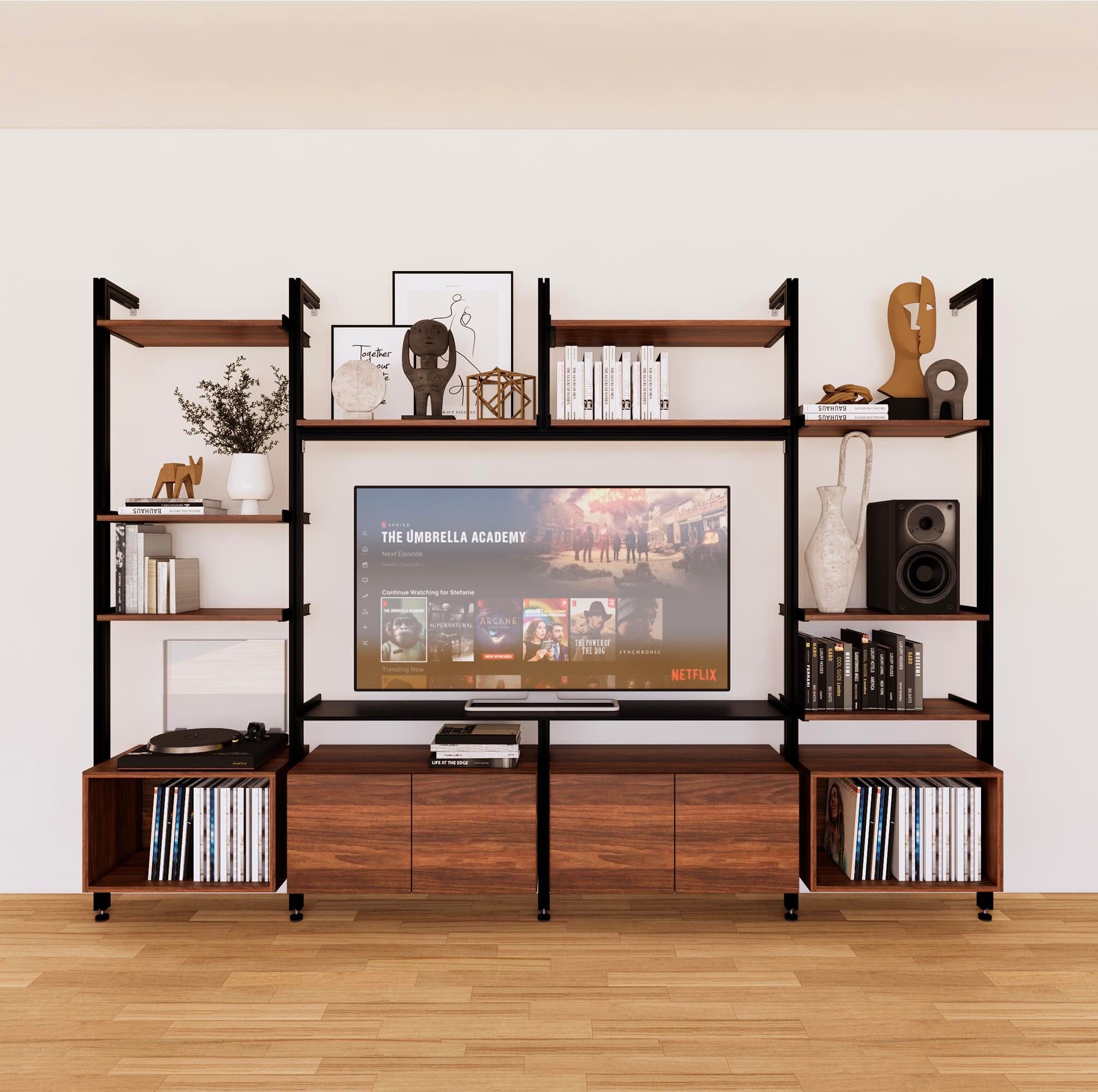 Harmony 4 Bay Media Unit - Aluminum Shelves + Wood Cabinets