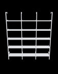 Modular shelving unit with white shelves, white vertical posts, and three bays, shown as a front-facing product render with five open shelf levels and side support brackets.