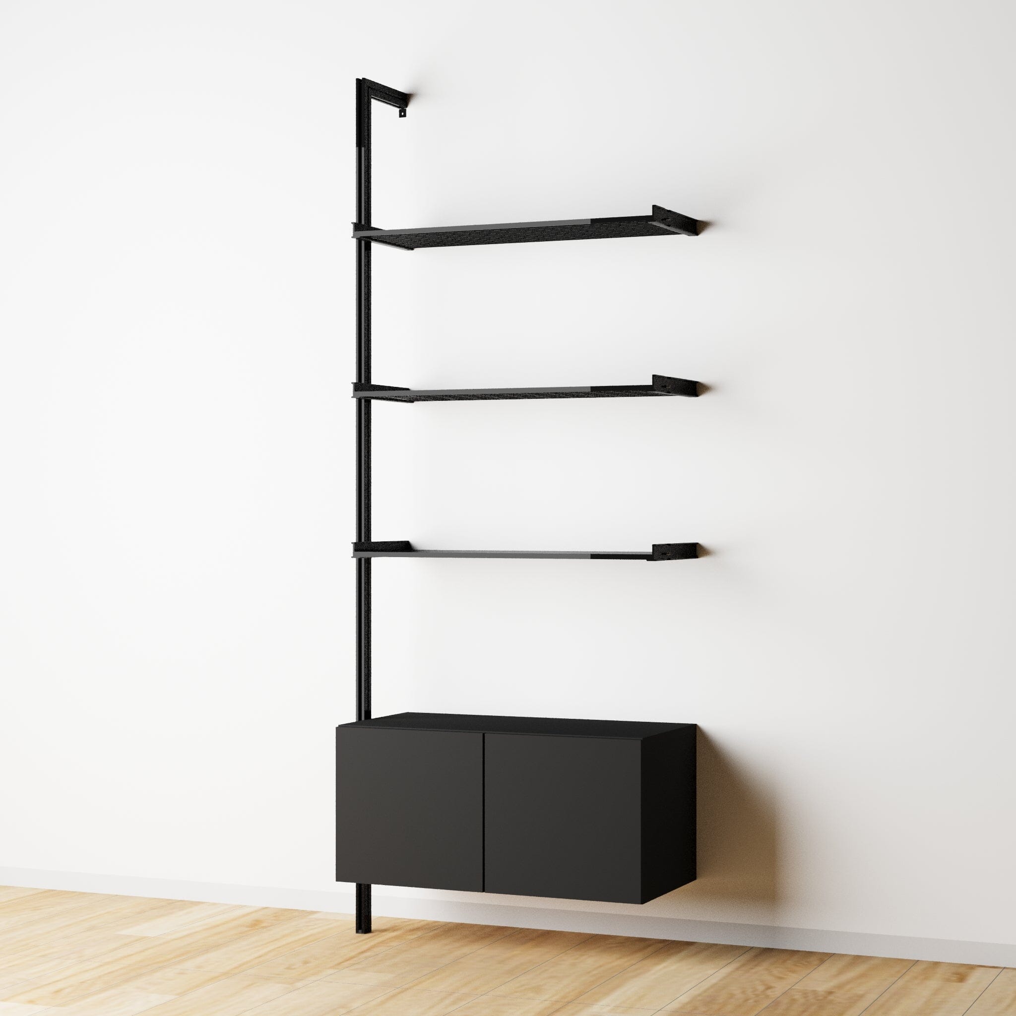 Modular Shelving Units - Aluminum Shelves + Wood Cabinets