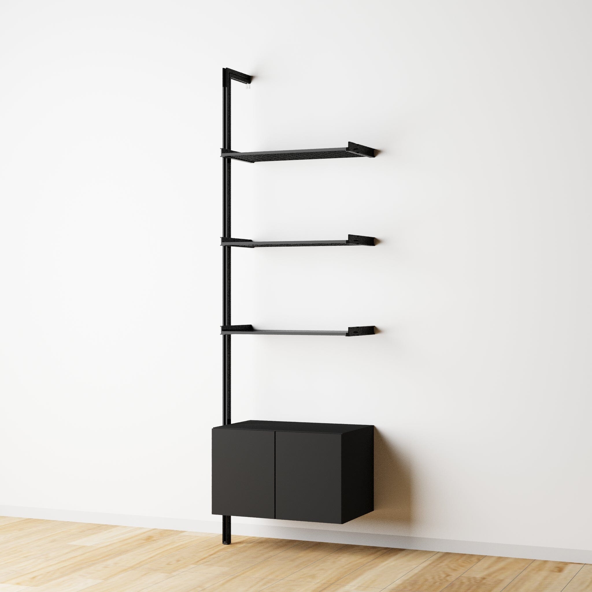 Modular Shelving Units - Aluminum Shelves + Wood Cabinets