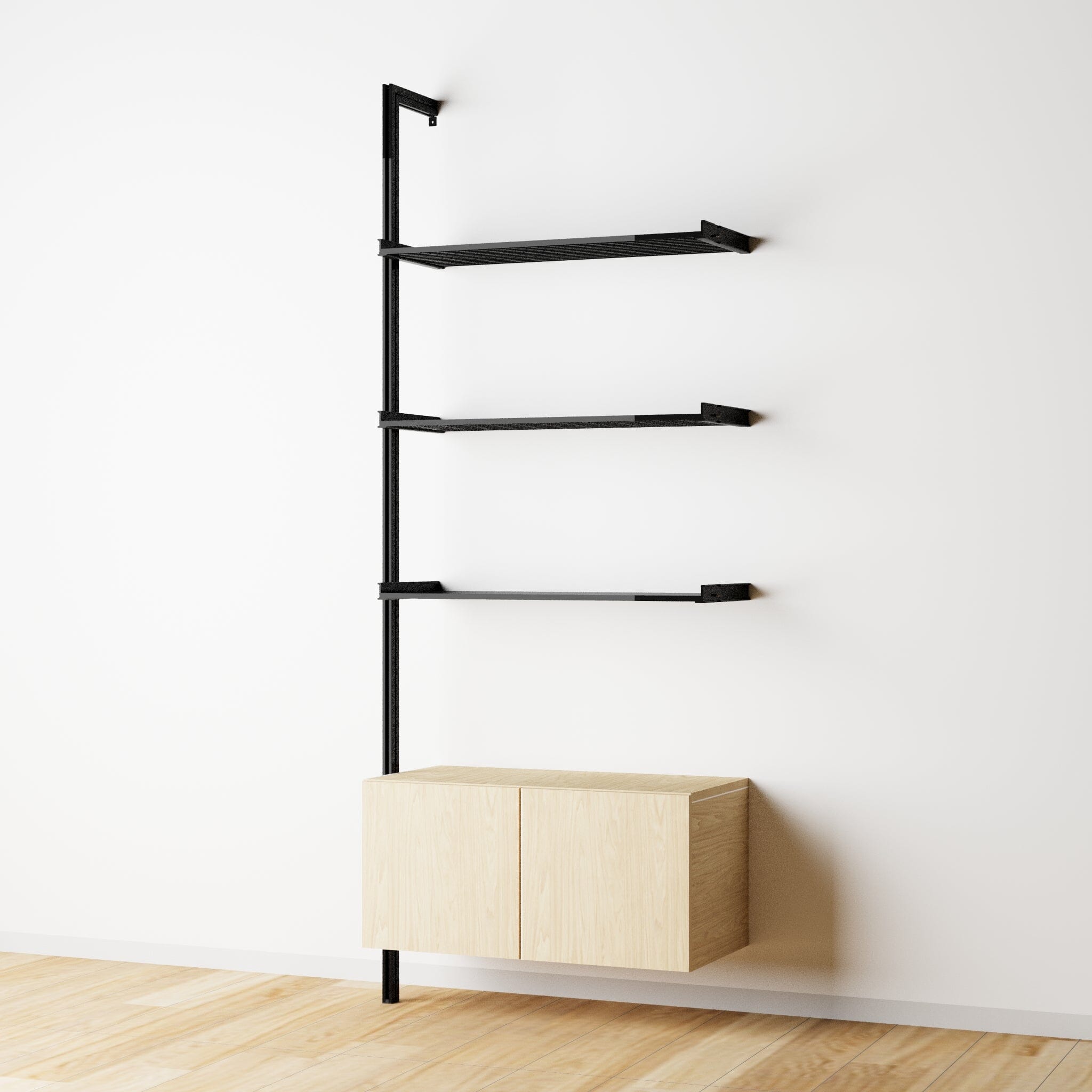 Modular Shelving Units - Aluminum Shelves + Wood Cabinets