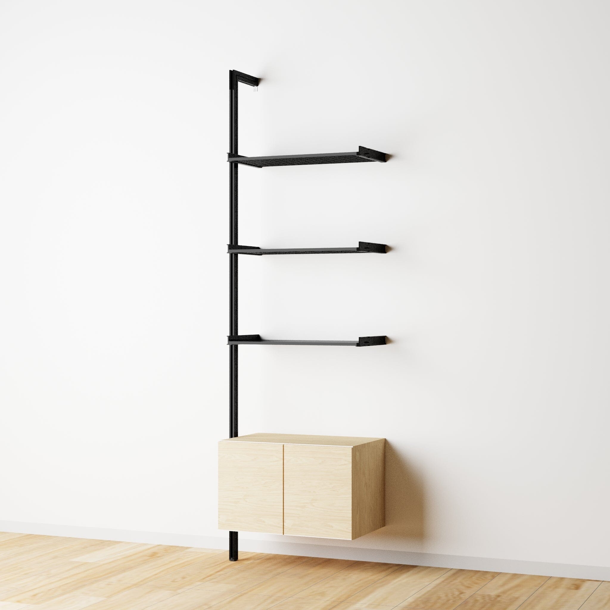 Modular Shelving Units - Aluminum Shelves + Wood Cabinets