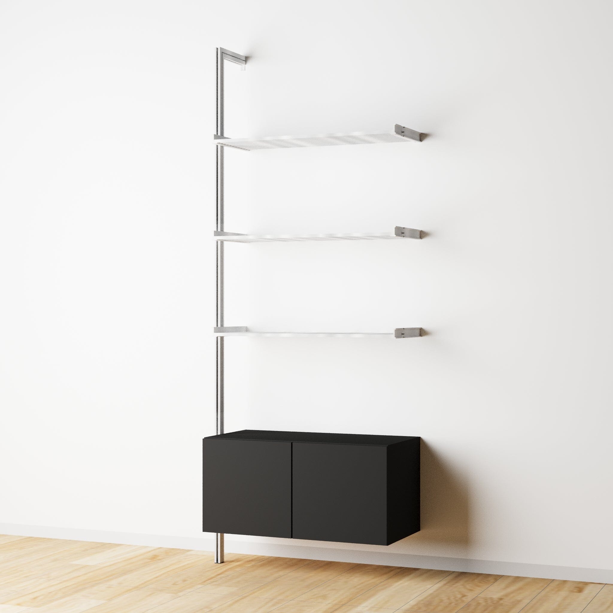 Modular Shelving Units - Aluminum Shelves + Wood Cabinets