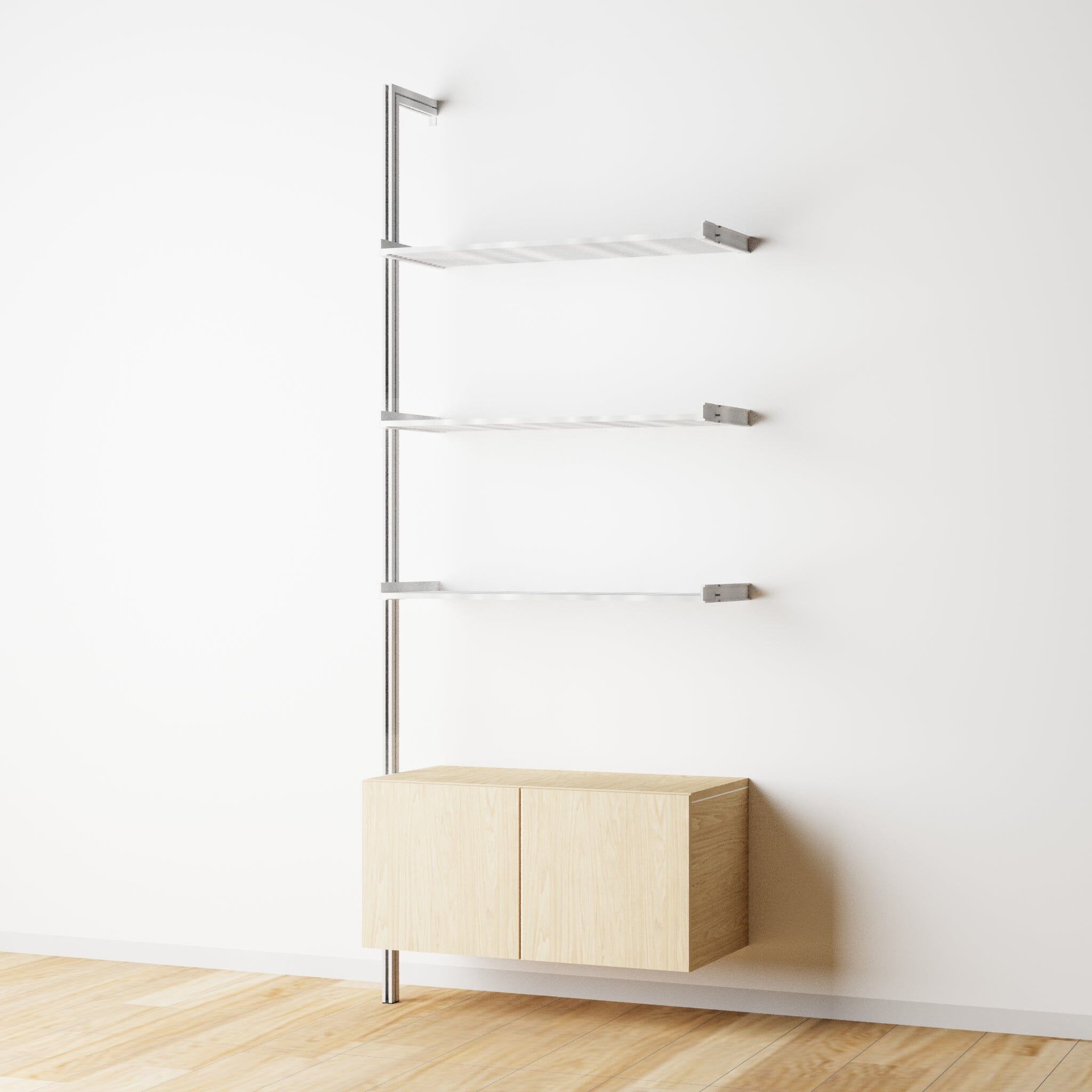 Modular Shelving Units - Aluminum Shelves + Wood Cabinets