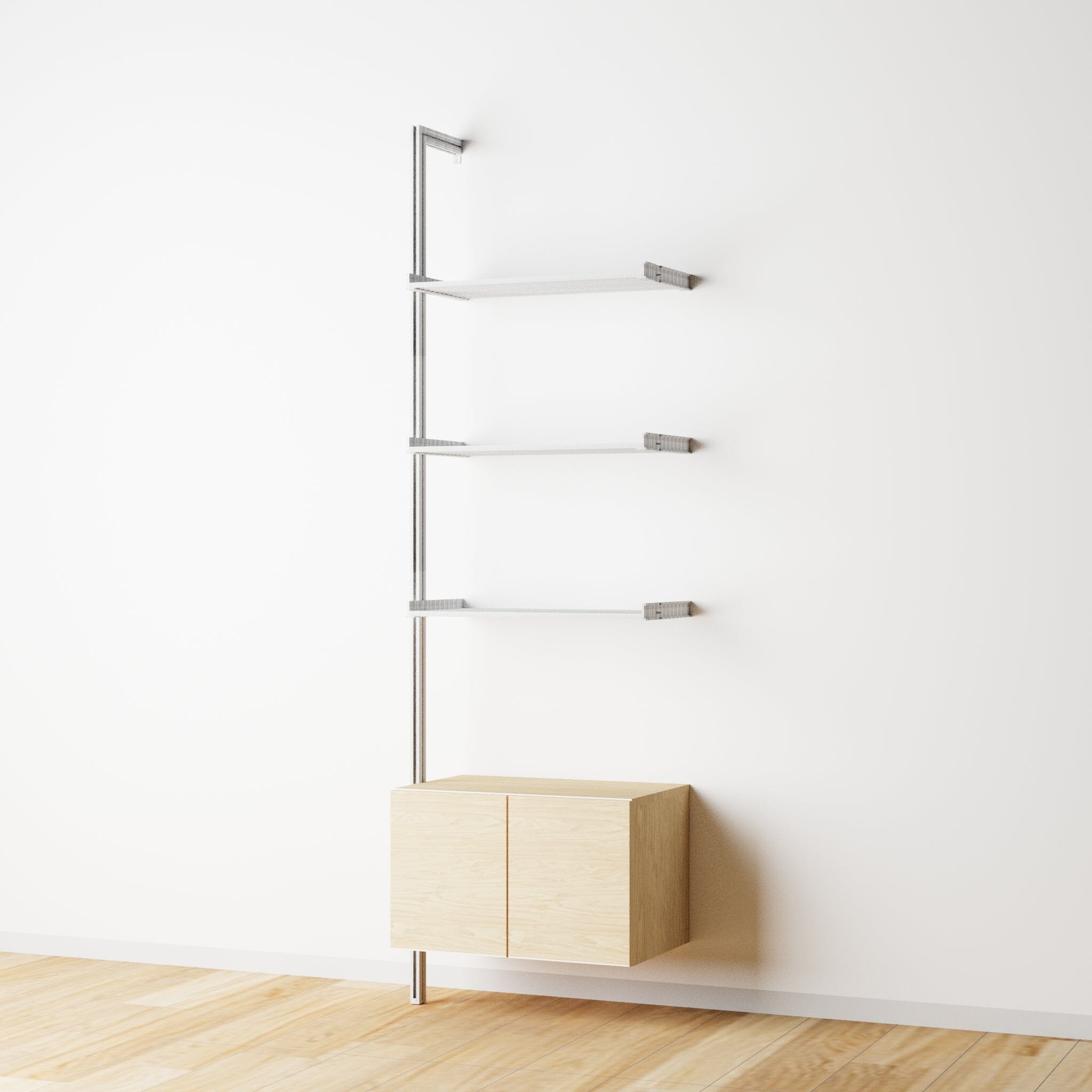 Modular Shelving Units - Aluminum Shelves + Wood Cabinets