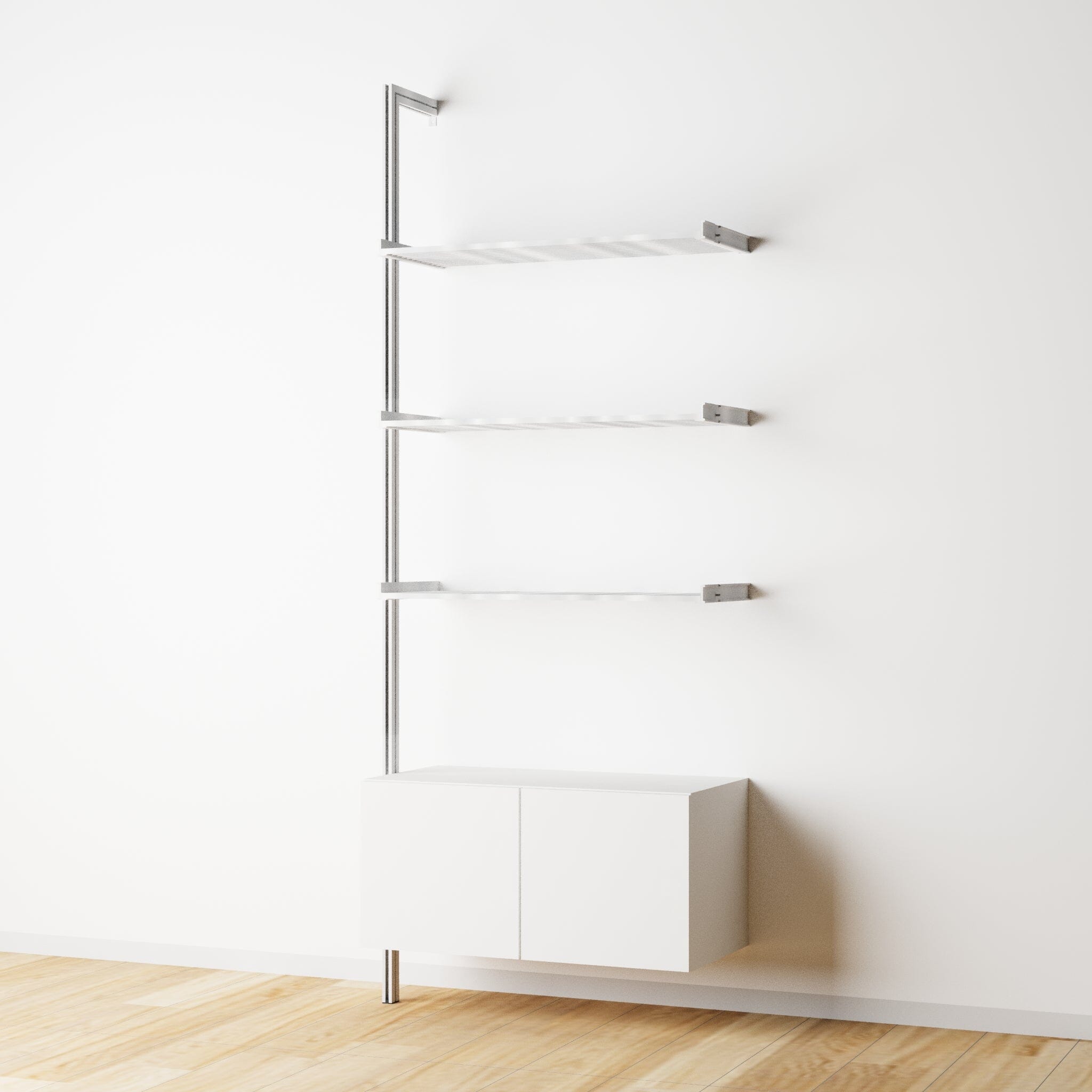 Modular Shelving Units - Aluminum Shelves + Wood Cabinets