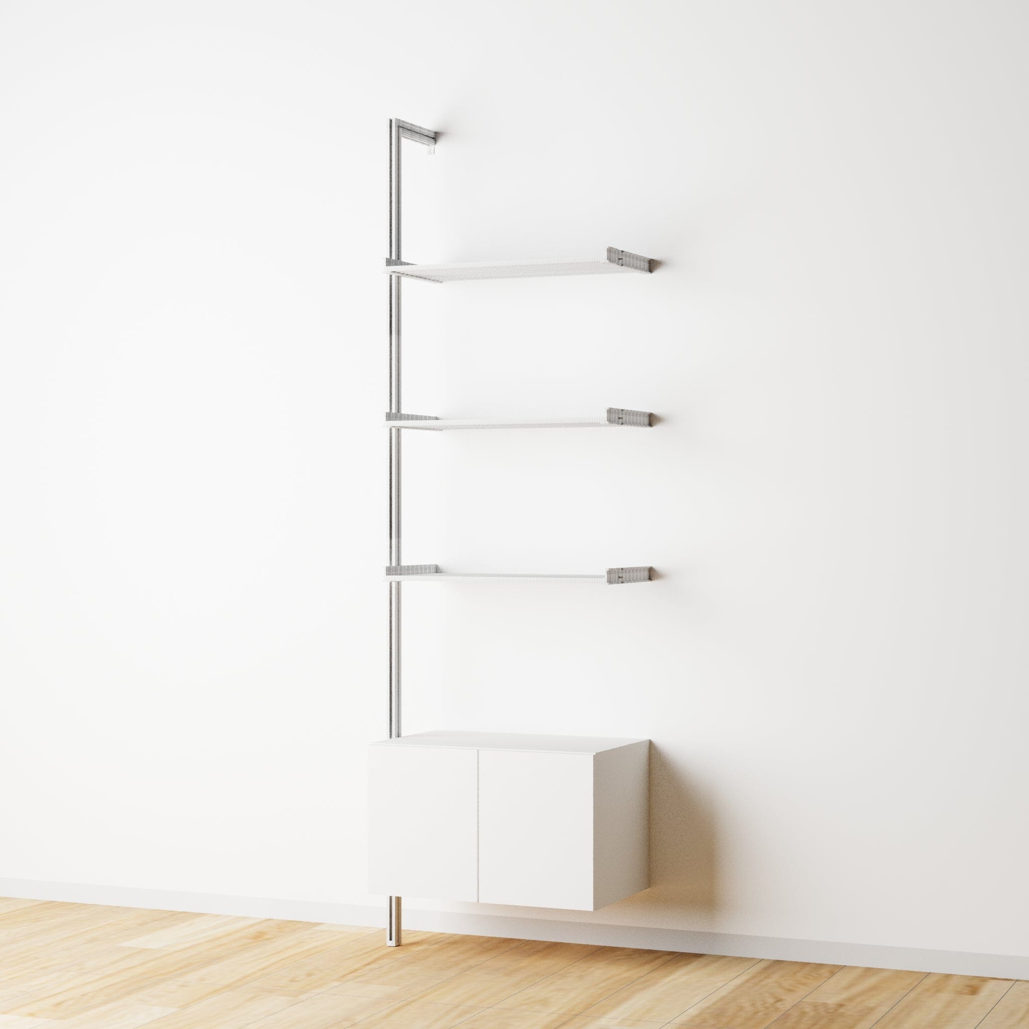 Modular Shelving Units - Aluminum Shelves + Wood Cabinets