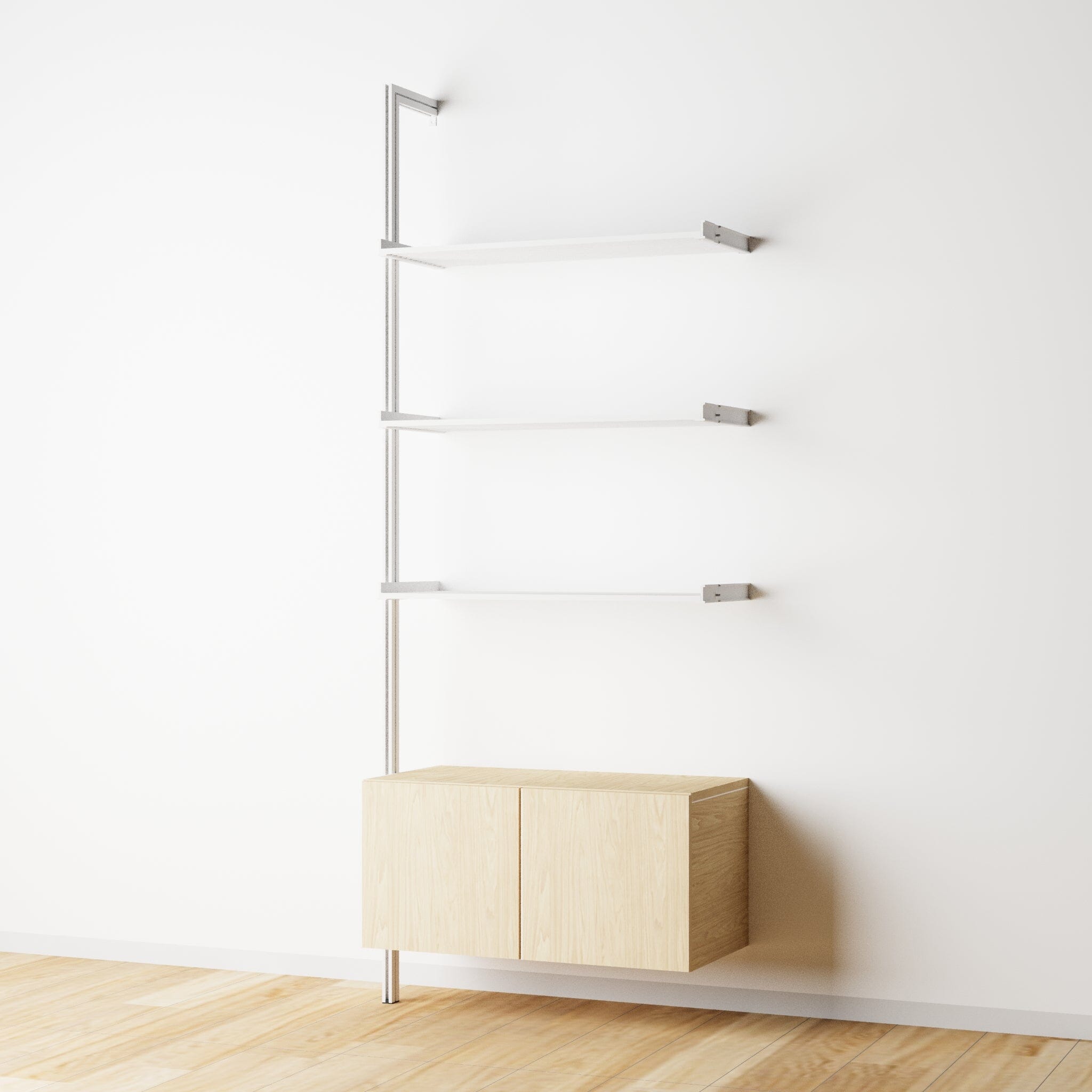 Modular Shelving Units - Aluminum Shelves + Wood Cabinets