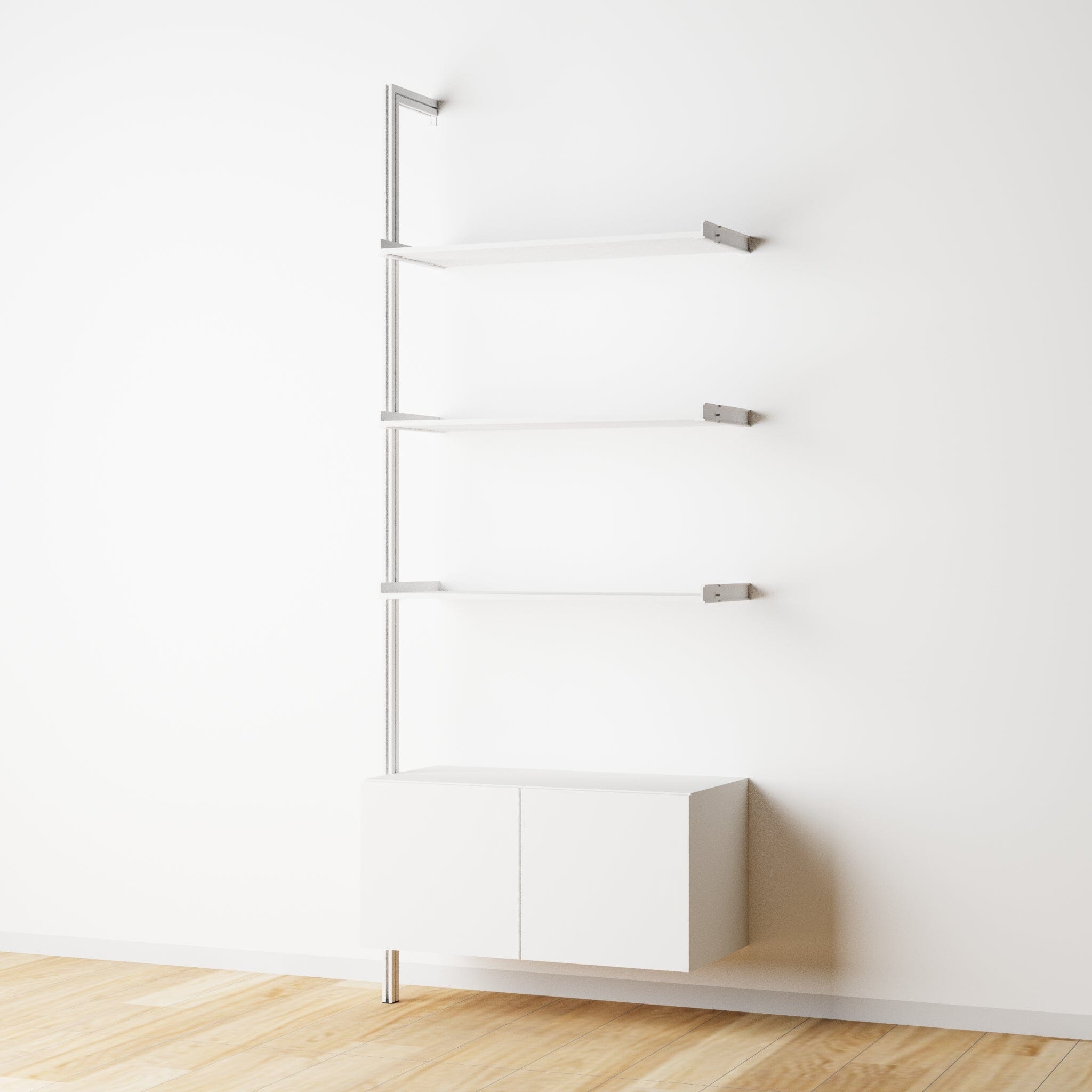 Modular Shelving Units - Aluminum Shelves + Wood Cabinets