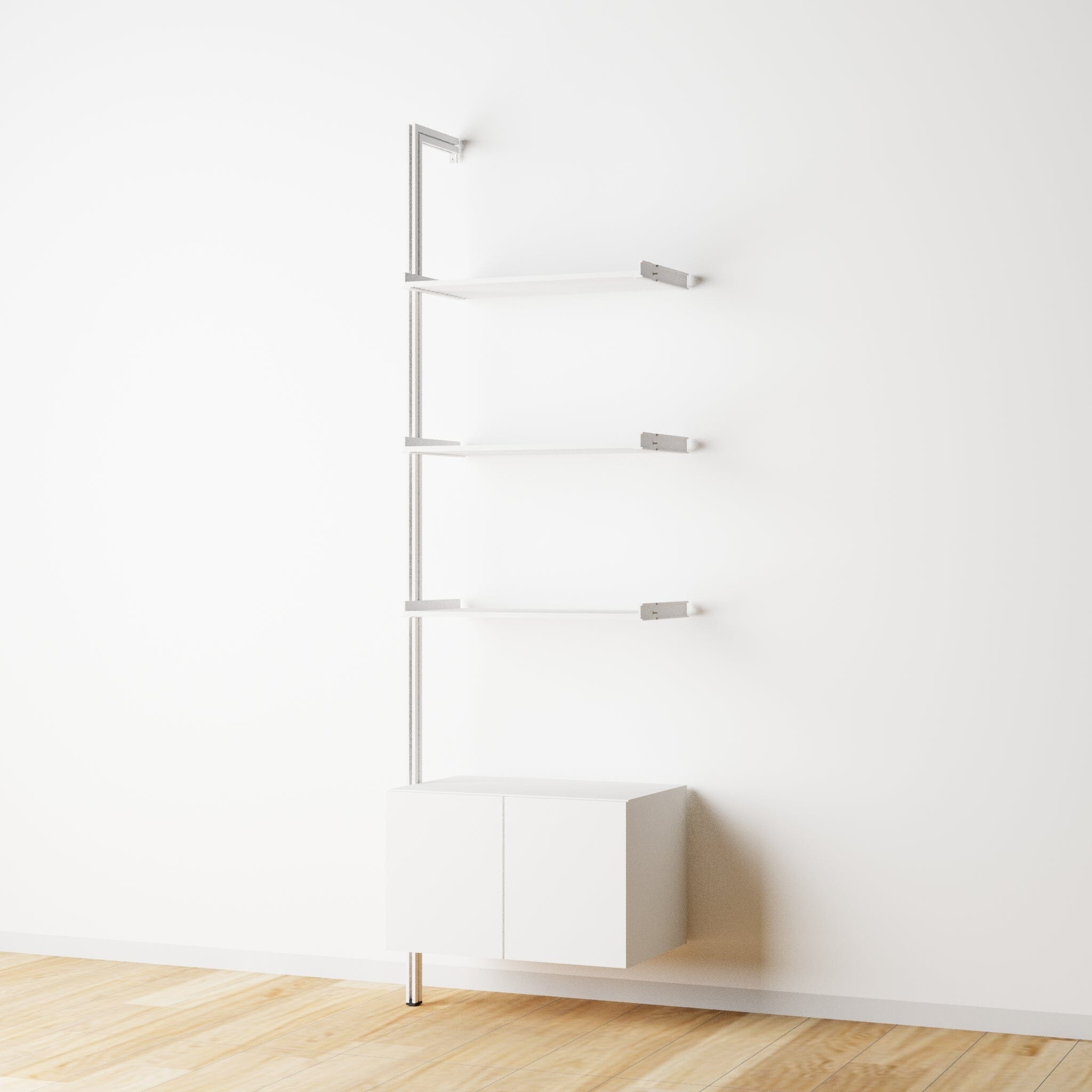 Modular Shelving Units - Aluminum Shelves + Wood Cabinets