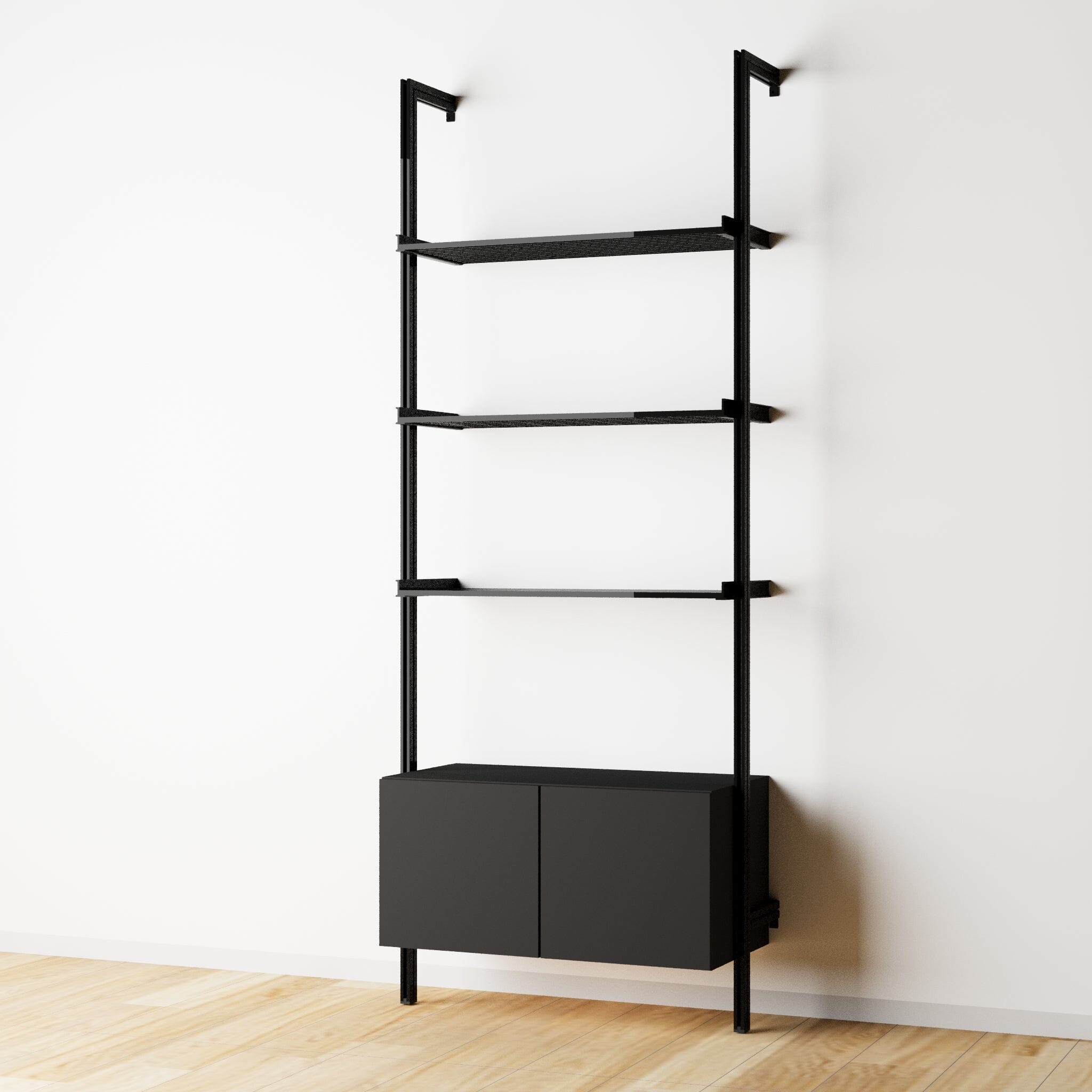 Modular Shelving Units - Aluminum Shelves + Wood Cabinets