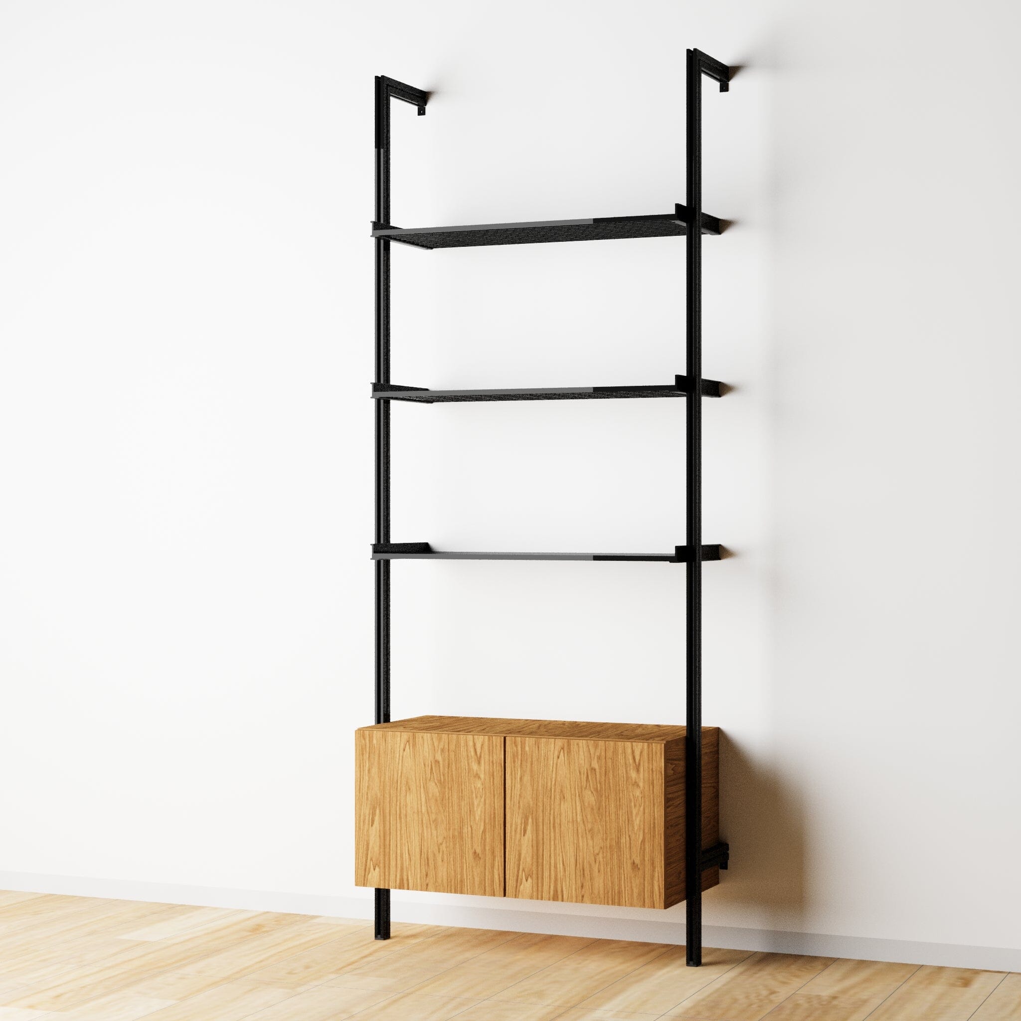 Modular Shelving Units - Aluminum Shelves + Wood Cabinets