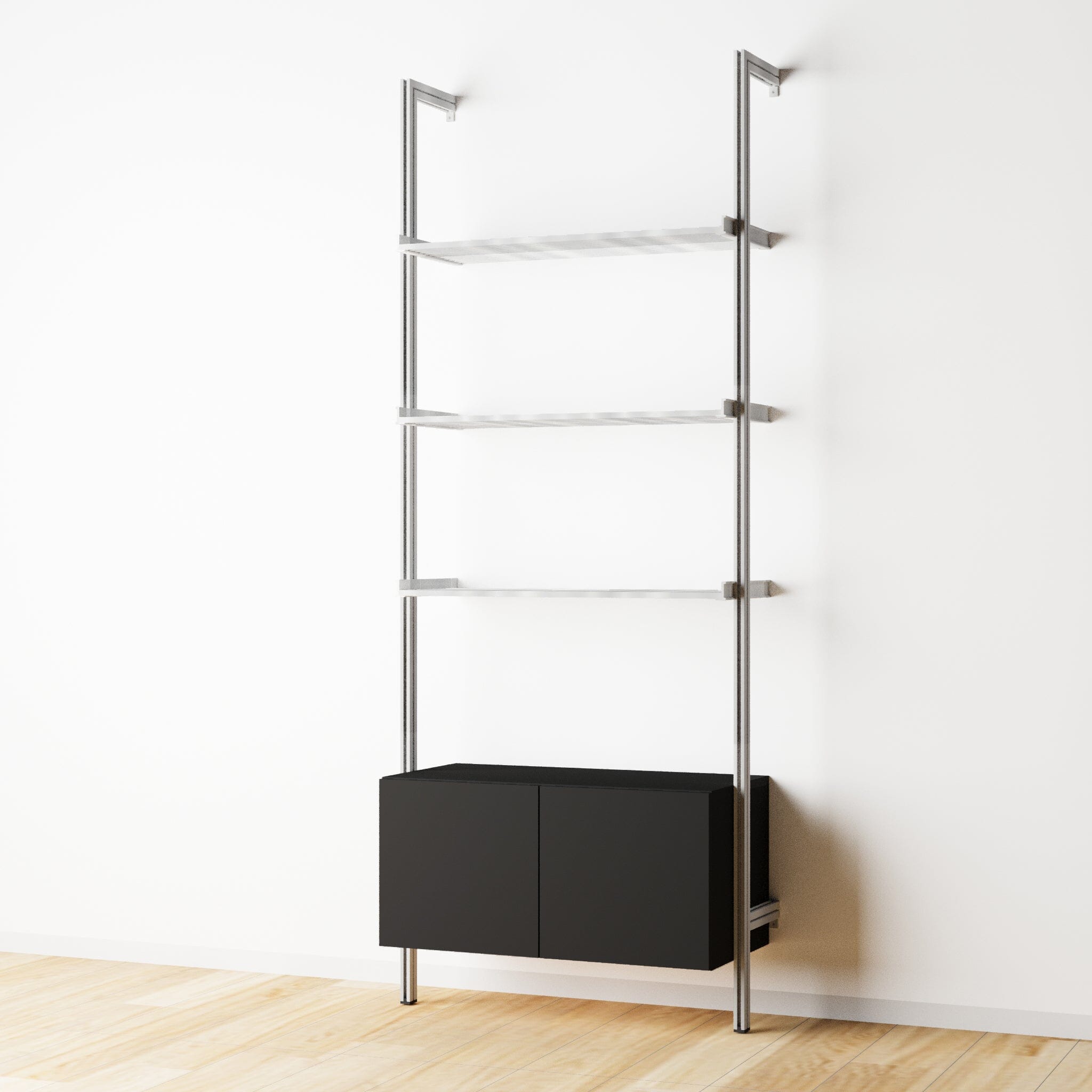 Modular Shelving Units - Aluminum Shelves + Wood Cabinets