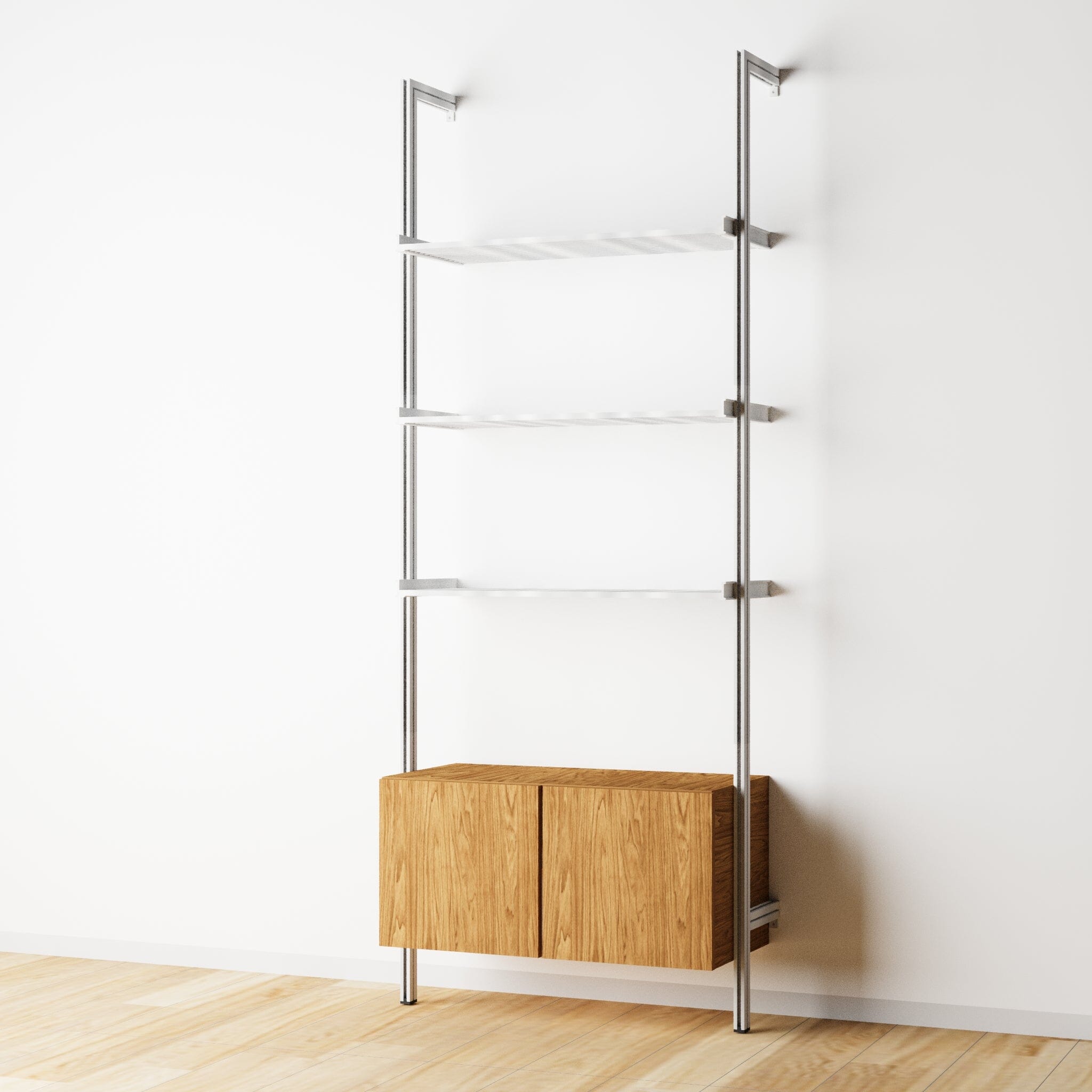 Modular Shelving Units - Aluminum Shelves + Wood Cabinets